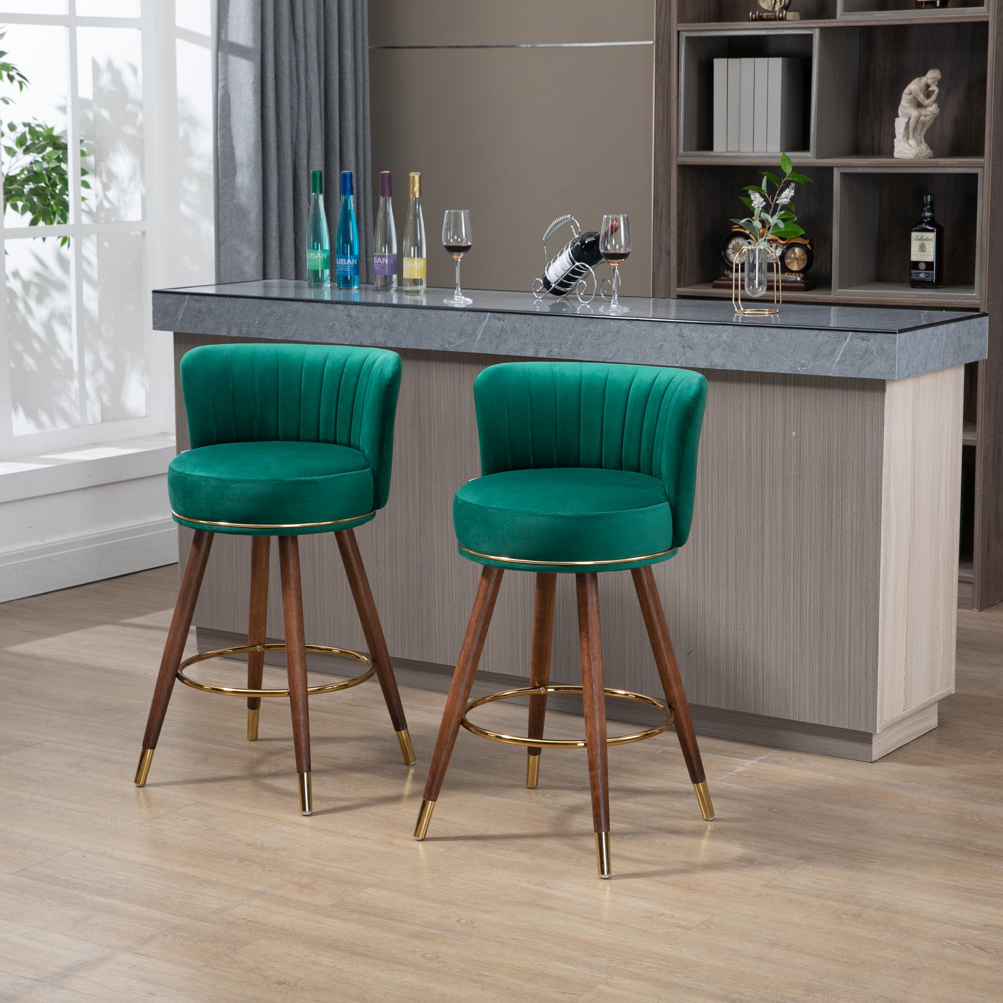 Coolmore Counter Height Bar Stools Set Of 2 For Kitchen Counter Solid Wood Legs With A Fixed Height Of 360 Degrees Emerald Solid Wood