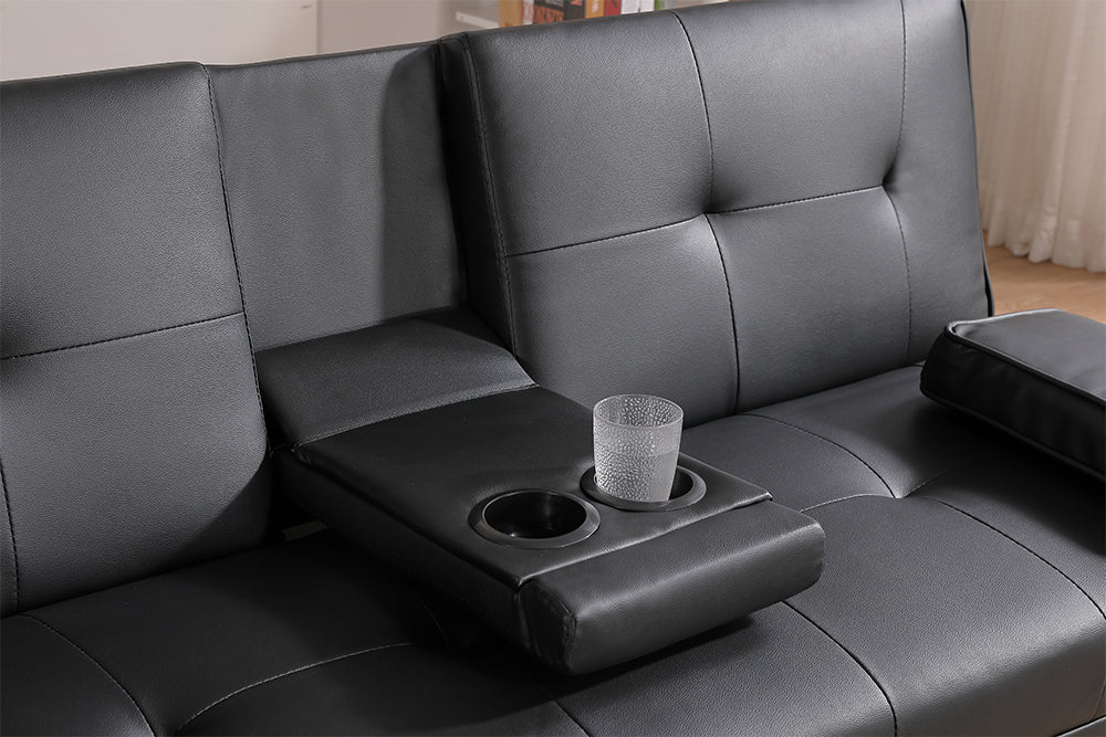 Black Leather Multifunctional Double Folding Sofa Bed For Office With Coffee Table Black Foam Pvc 2 Seat