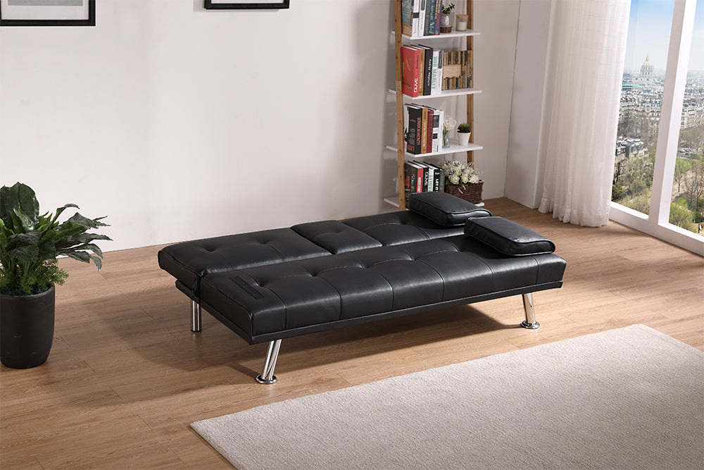 Black Leather Multifunctional Double Folding Sofa Bed For Office With Coffee Table Black Foam Pvc 2 Seat