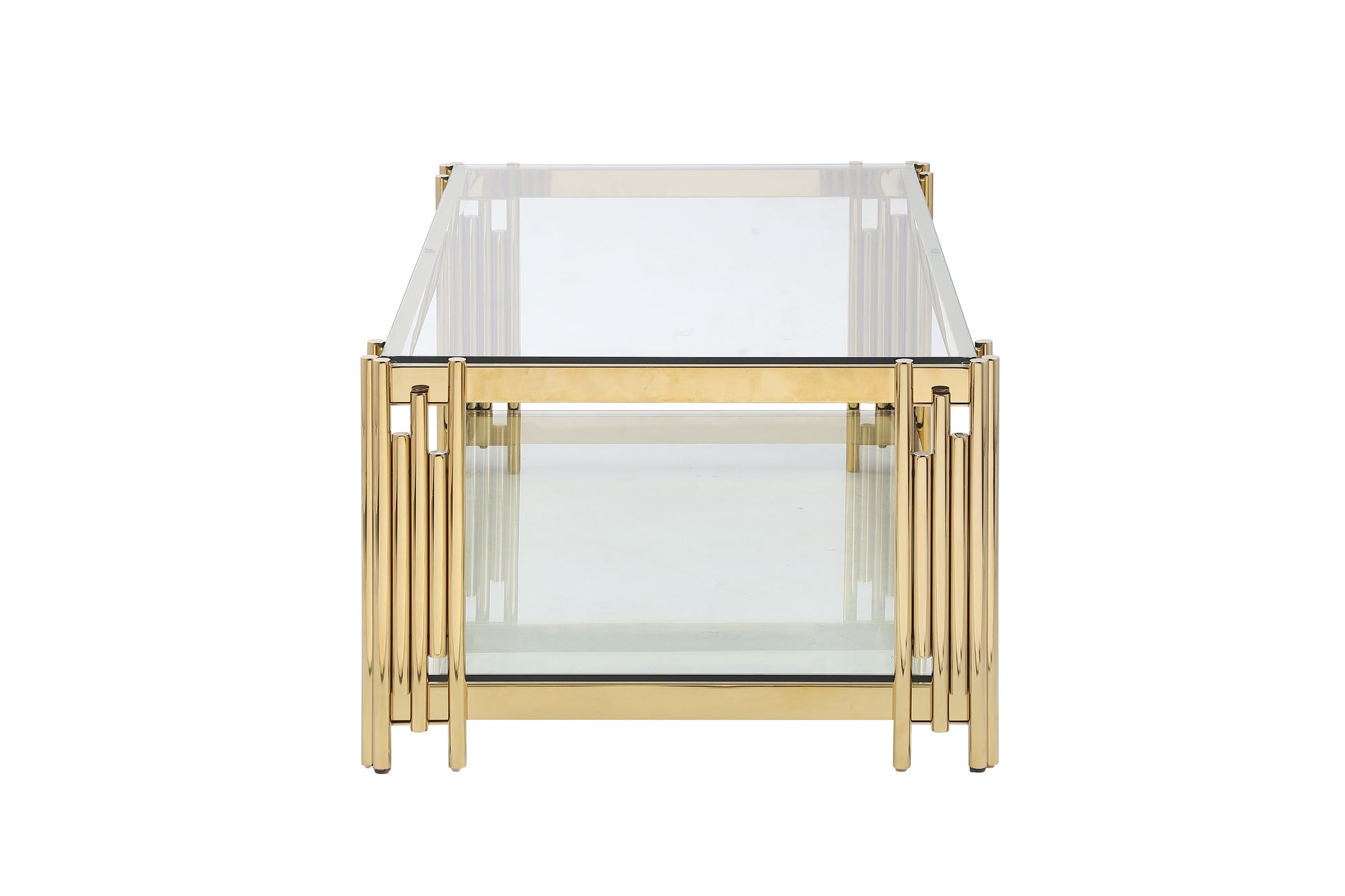 48" Wide Rectangular Coffee Table With Glass Top, Golden Stainless Steel Double Layer Coffee Table For Living Room Polished Golden Stainless Steel