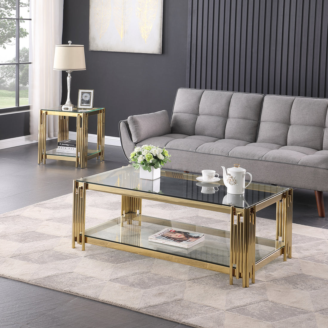 48" Wide Rectangular Coffee Table With Glass Top, Golden Stainless Steel Double Layer Coffee Table For Living Room Polished Golden Stainless Steel