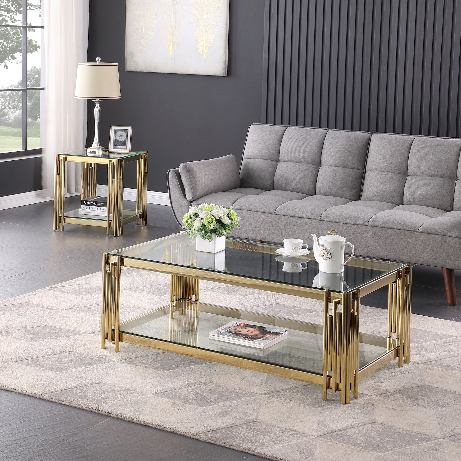 48" Wide Rectangular Coffee Table With Glass Top, Golden Stainless Steel Double Layer Coffee Table For Living Room Polished Golden Stainless Steel