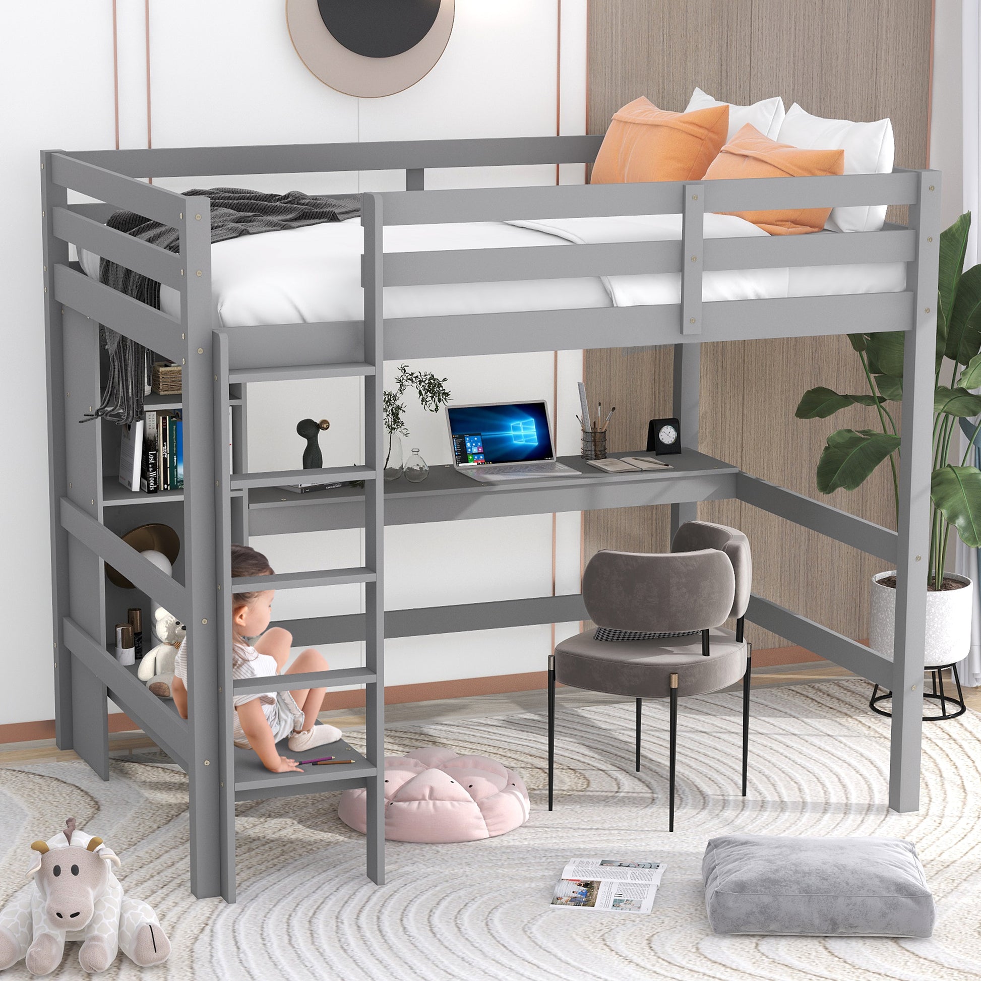Full Size Loft Bed With Multifunction Shelves And Under Bed Desk, Gray Gray Pine