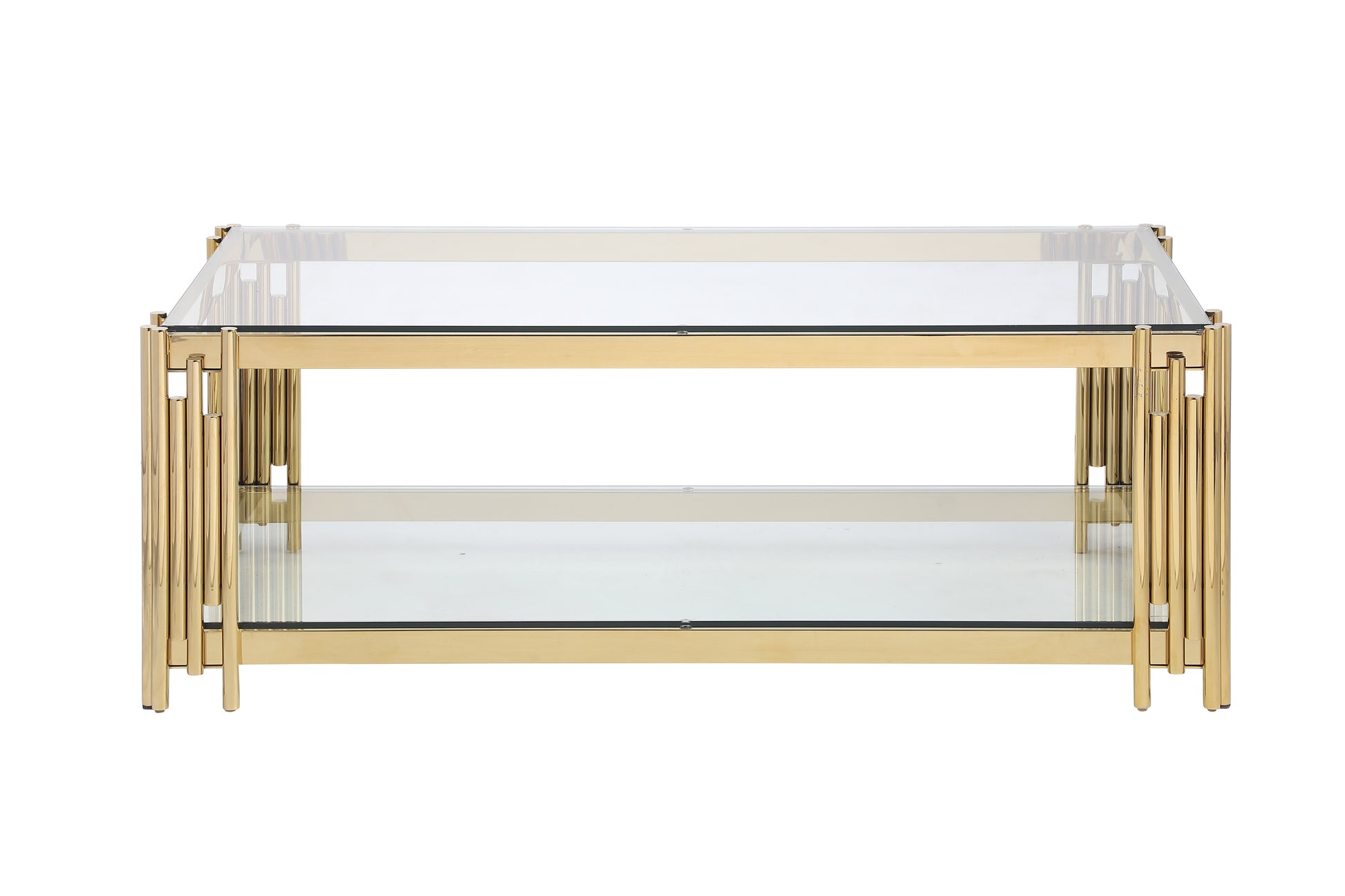 48" Wide Rectangular Coffee Table With Glass Top, Golden Stainless Steel Double Layer Coffee Table For Living Room Polished Golden Stainless Steel