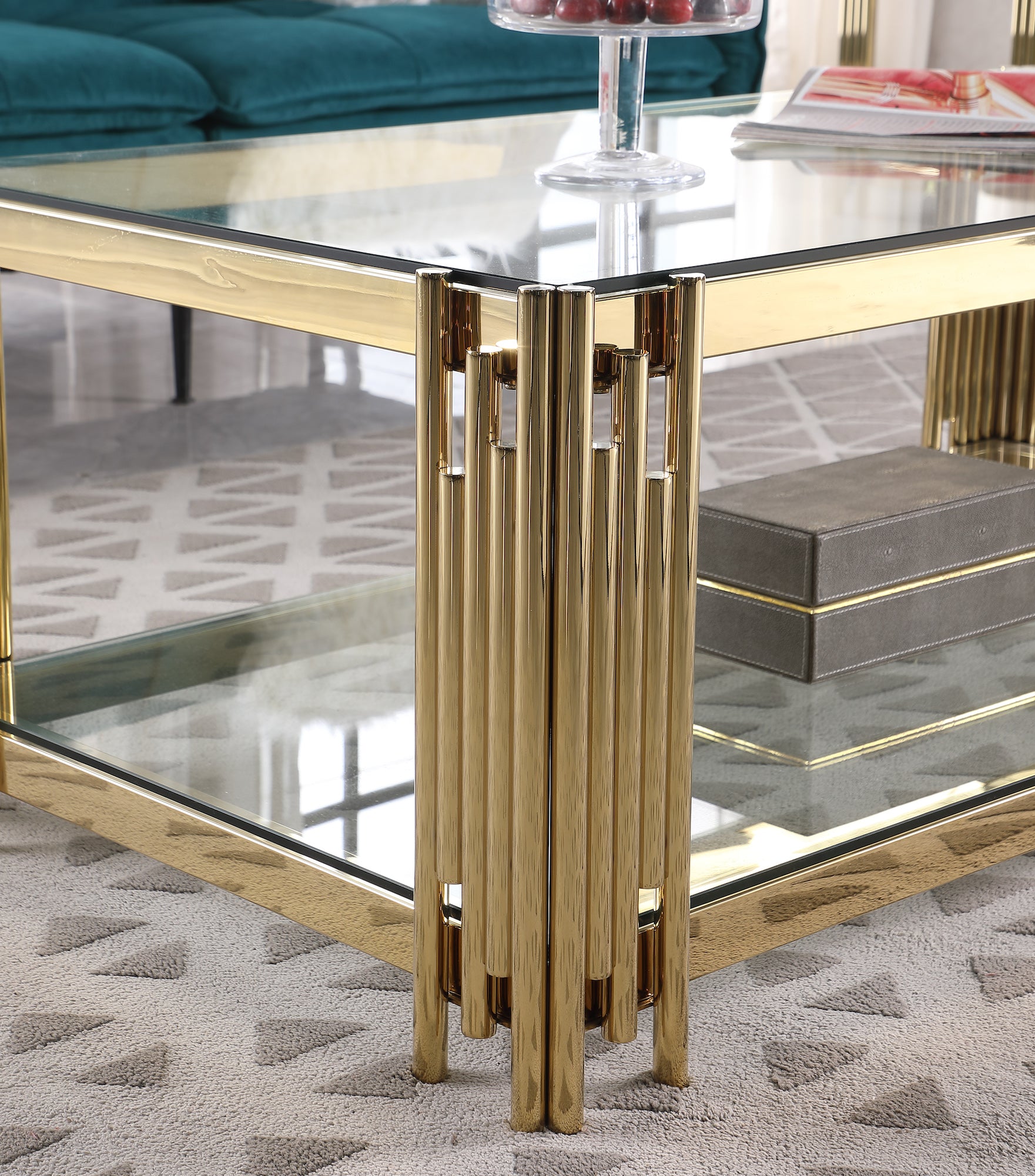 48" Wide Rectangular Coffee Table With Glass Top, Golden Stainless Steel Double Layer Coffee Table For Living Room Polished Golden Stainless Steel