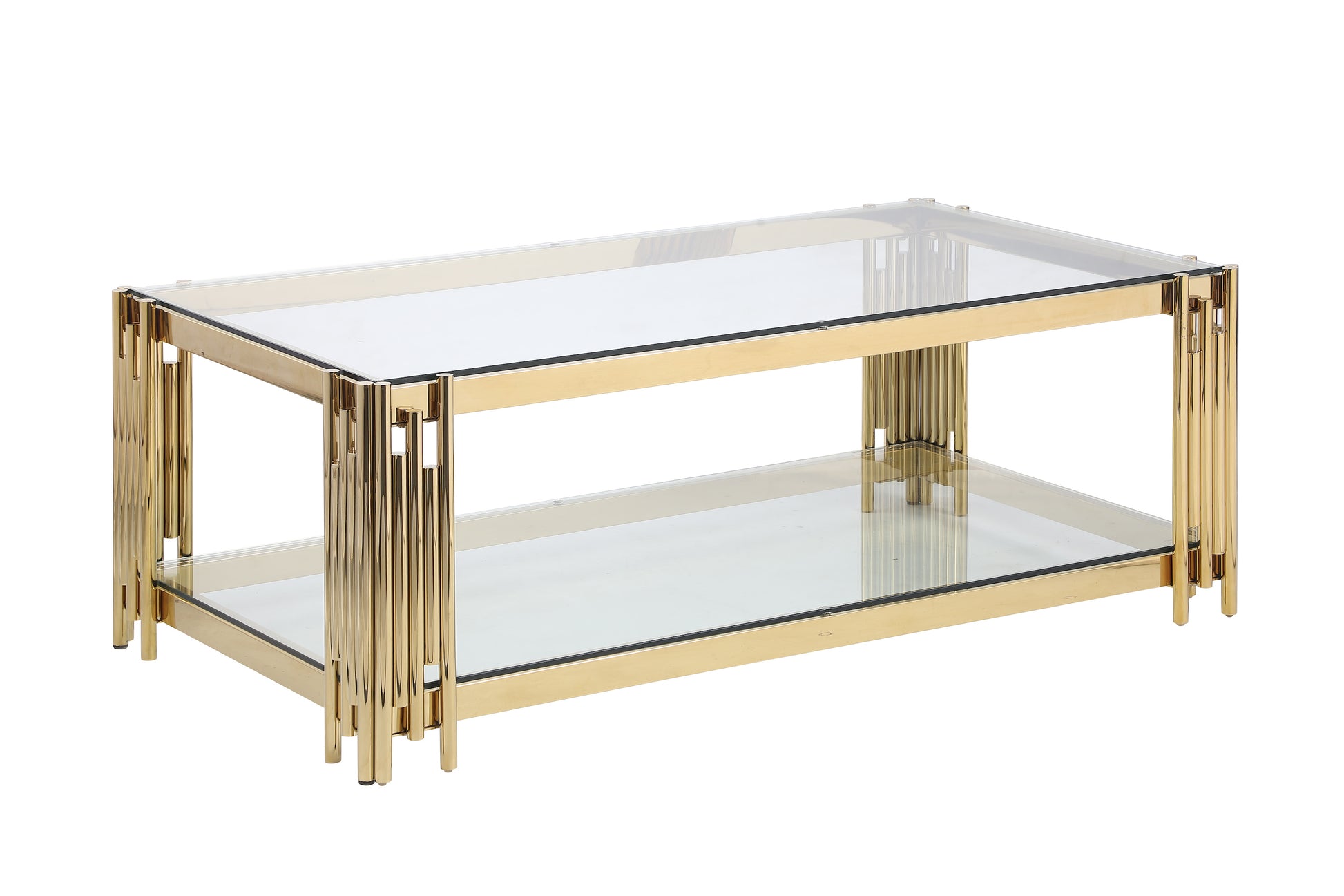 48" Wide Rectangular Coffee Table With Glass Top, Golden Stainless Steel Double Layer Coffee Table For Living Room Polished Golden Stainless Steel