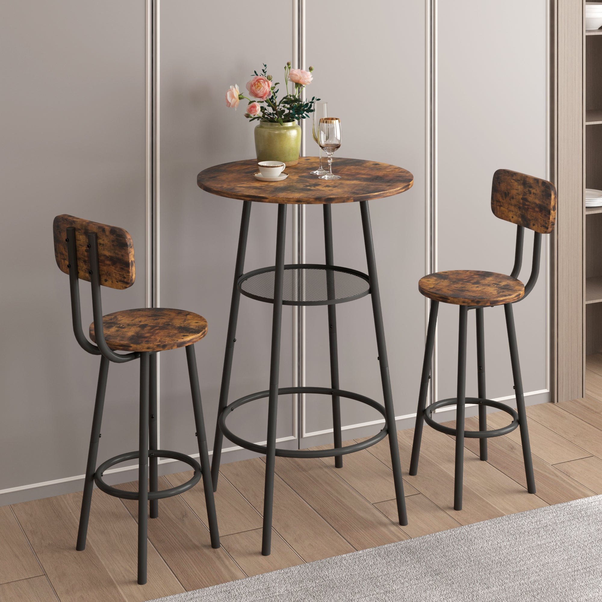 Bar Table, Equipped With 2 Bar Stoolswith Backrest And Partition Brown Mdf