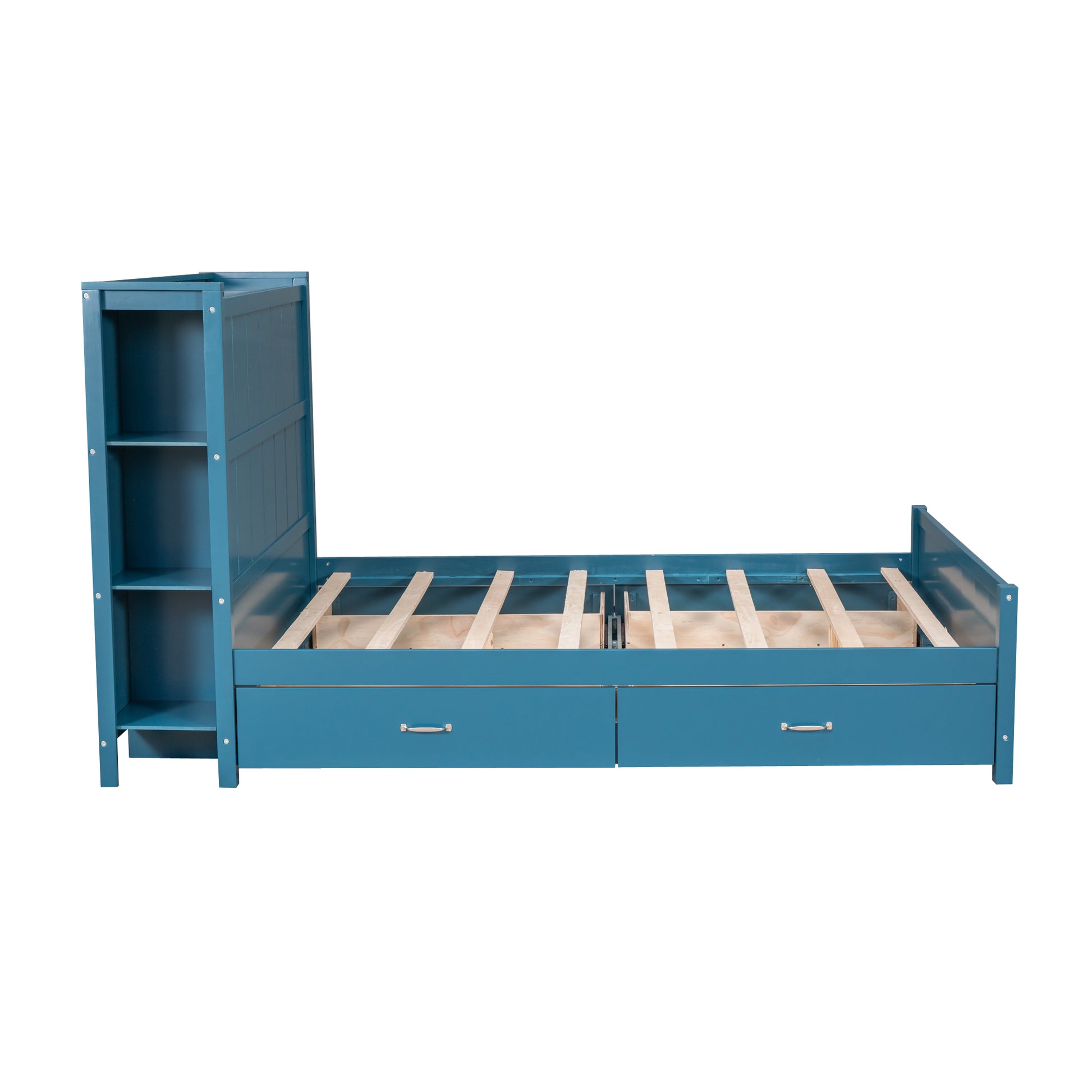 Full Size Platform Bed With Drawers And Storage Shelves, Blue Blue Pine