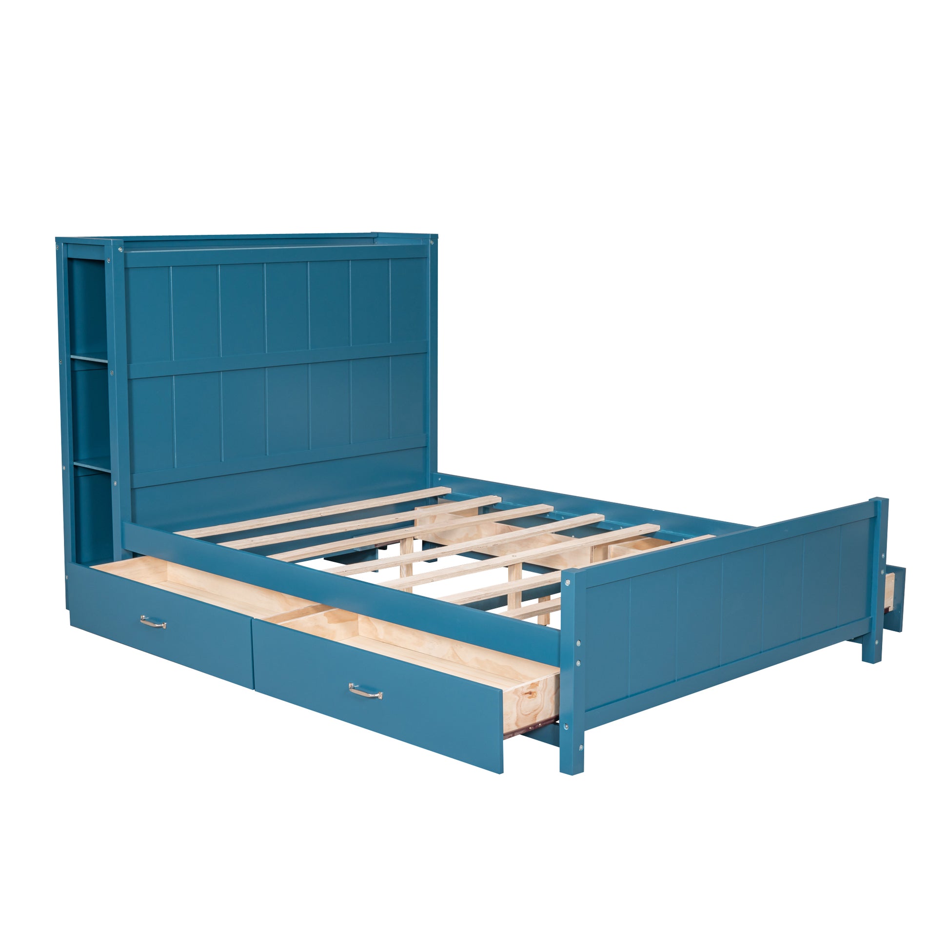 Full Size Platform Bed With Drawers And Storage Shelves, Blue Blue Pine