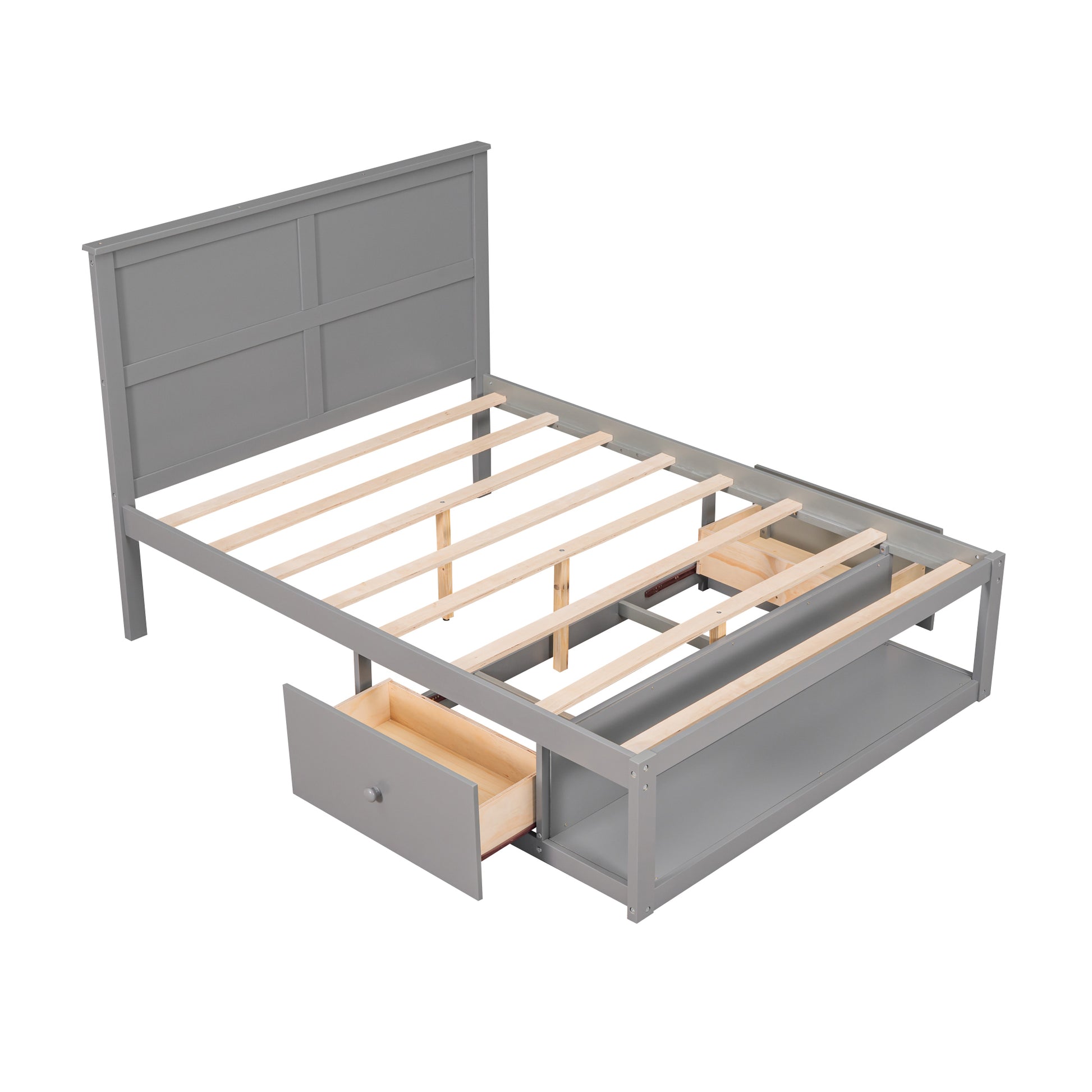 Full Size Platform Bed With Drawer On The Each Side And Shelf On The End Of The Bed, Gray Gray Pine