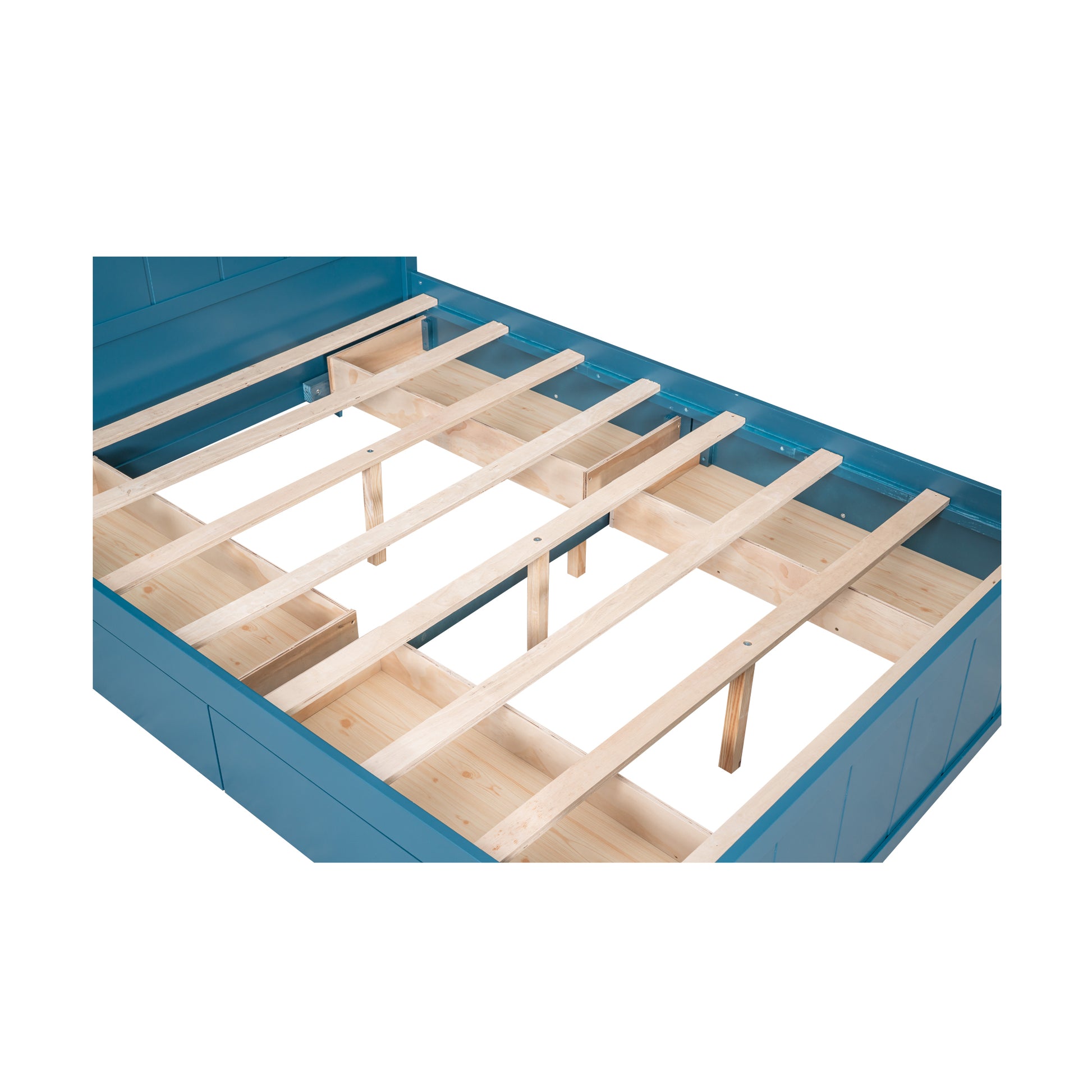 Full Size Platform Bed With Drawers And Storage Shelves, Blue Blue Pine