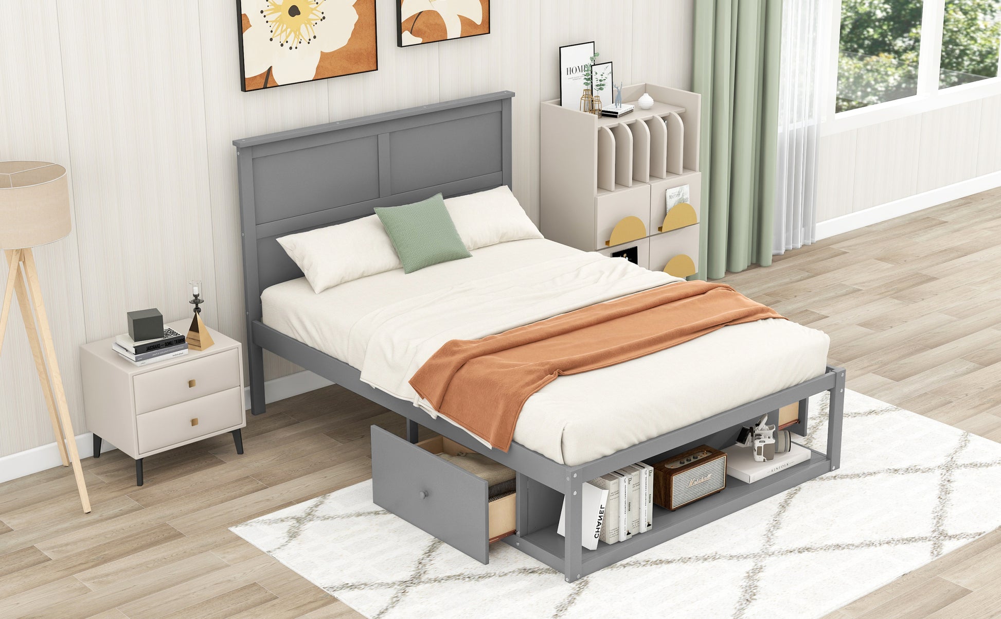 Full Size Platform Bed With Drawer On The Each Side And Shelf On The End Of The Bed, Gray Gray Pine