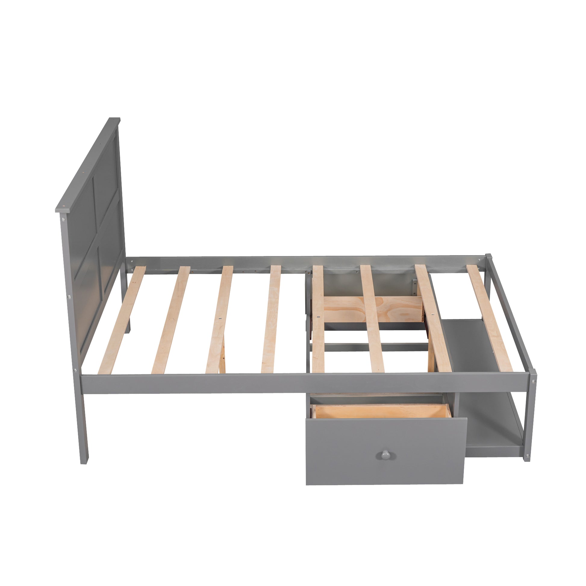 Full Size Platform Bed With Drawer On The Each Side And Shelf On The End Of The Bed, Gray Gray Pine