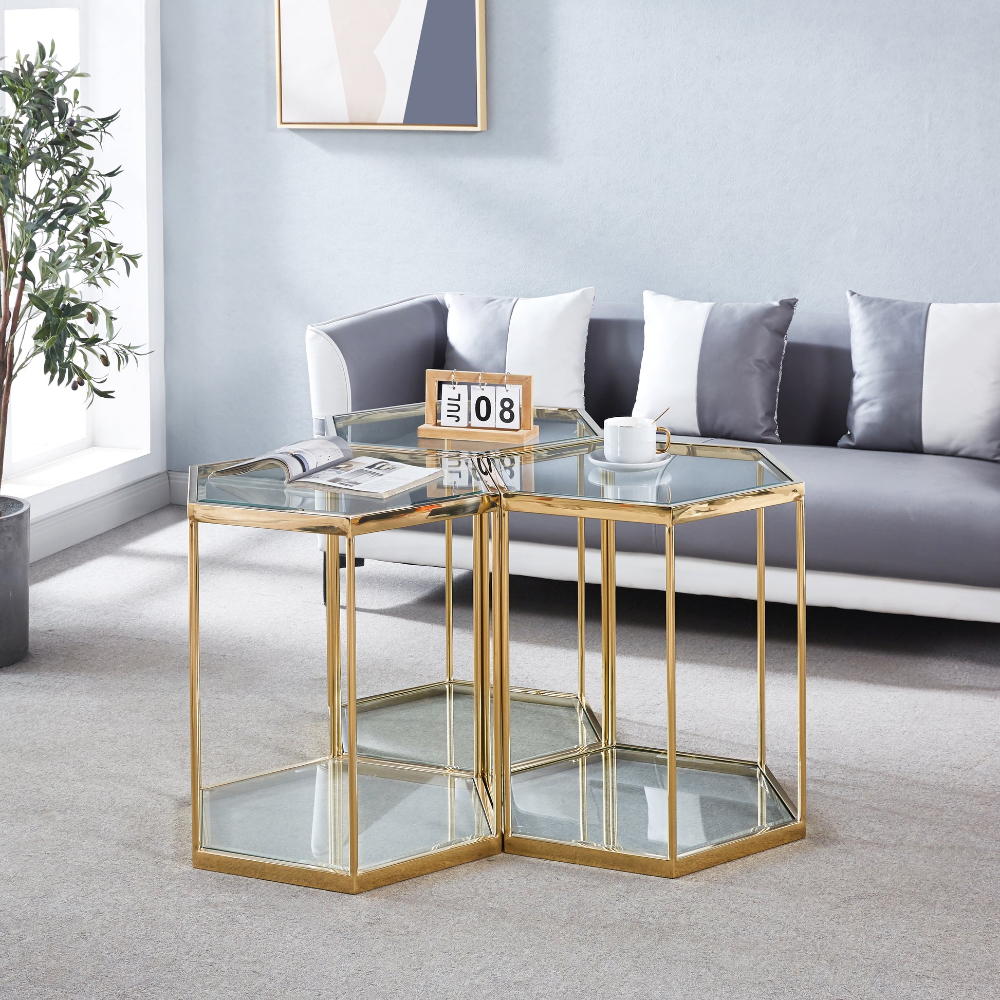Modern Glass End Table With Gold Finish Stainless Steel Frame Gold Glass