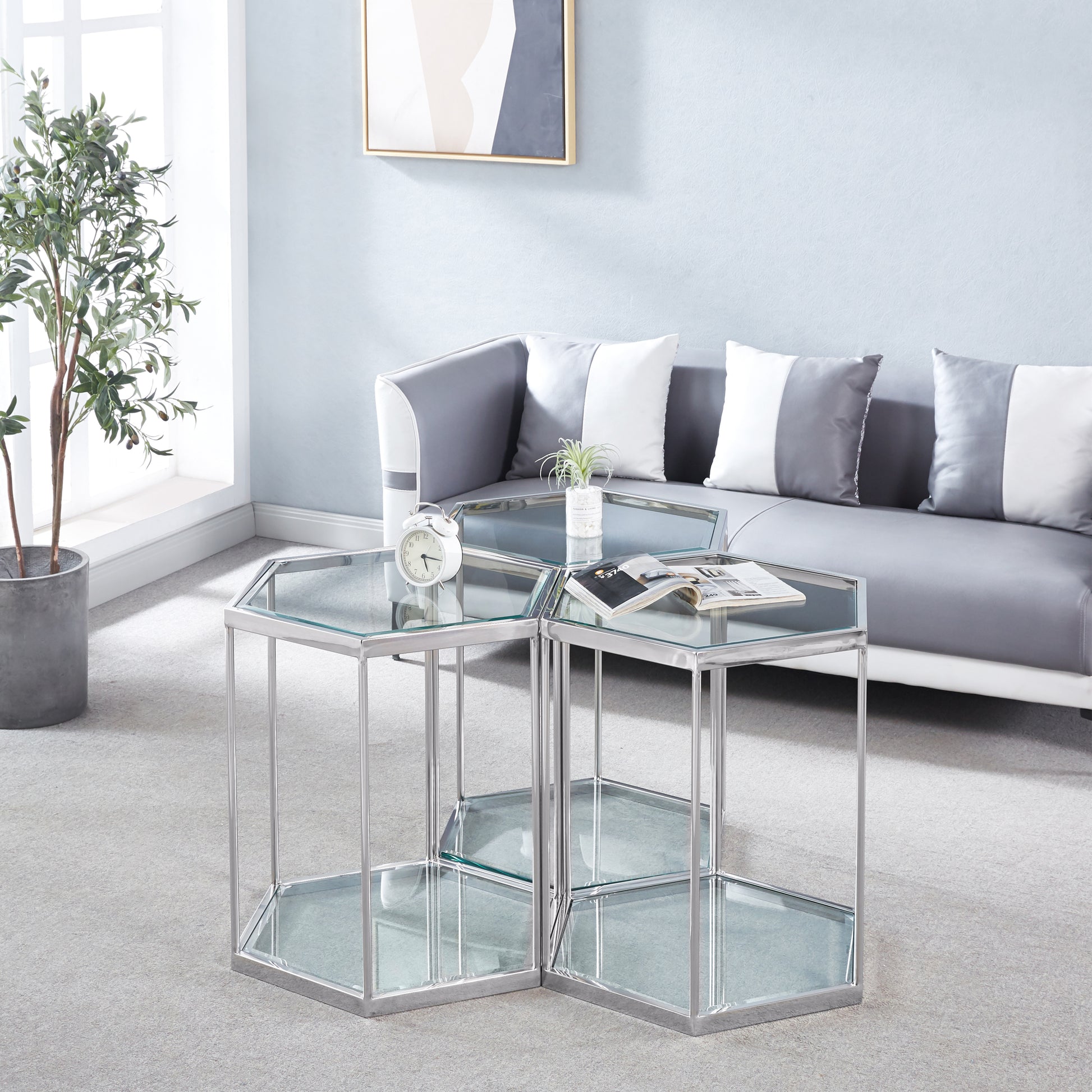 Modern Glass End Table With Silver Finish Stainless Steel Frame Silver Glass
