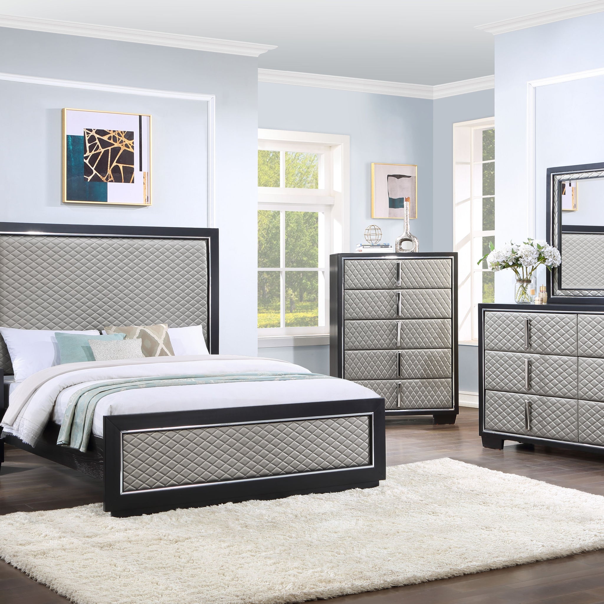 Nicola Ek Bed Silver Pu & Black Finish Bd01426Ek Black Pu