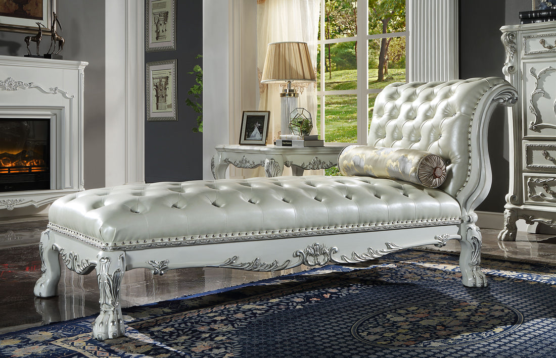 Dresden Chaise W Pillow, Synthetic Leather & Bone White Finish Ac01693 White Pu Leather
