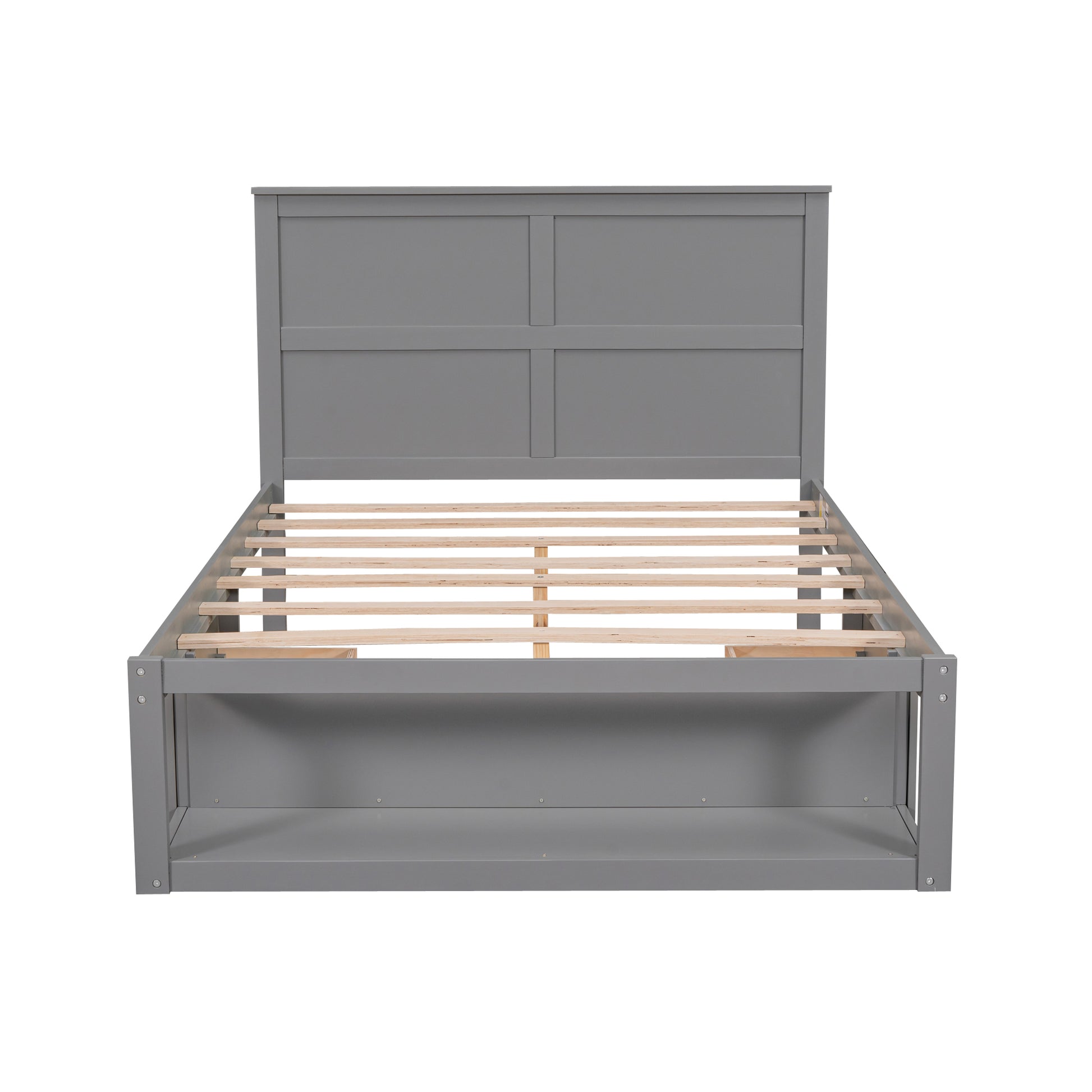 Full Size Platform Bed With Drawer On The Each Side And Shelf On The End Of The Bed, Gray Gray Pine