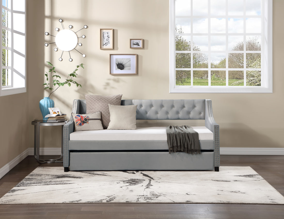 Daybed With Trundle Upholstered Tufted Sofa Bed, With Button And Copper Nail On Arms,Full Size Grey. Full Gray Solid Wood