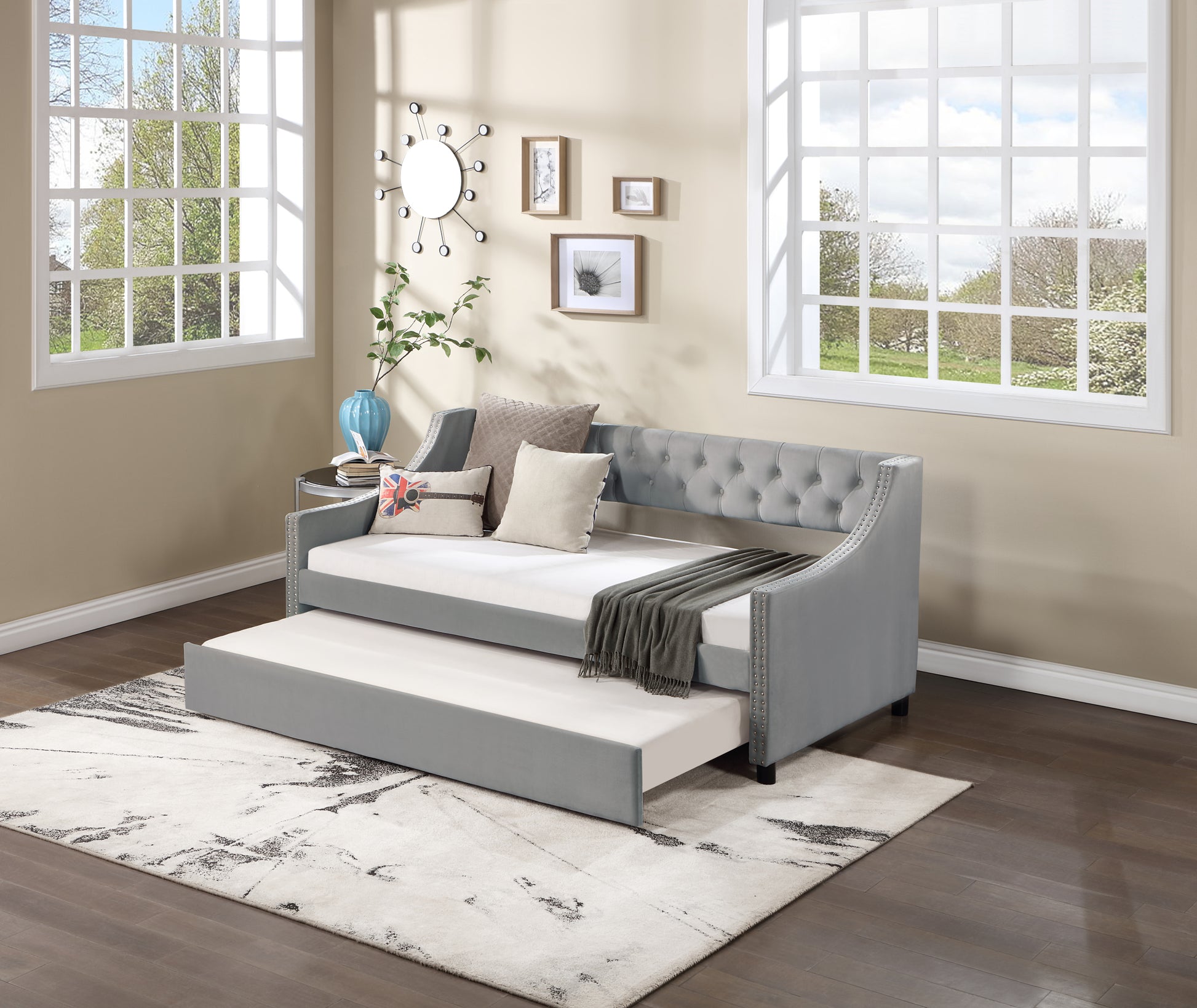 Daybed With Trundle Upholstered Tufted Sofa Bed, With Button And Copper Nail On Arms,Full Size Grey. Full Gray Solid Wood