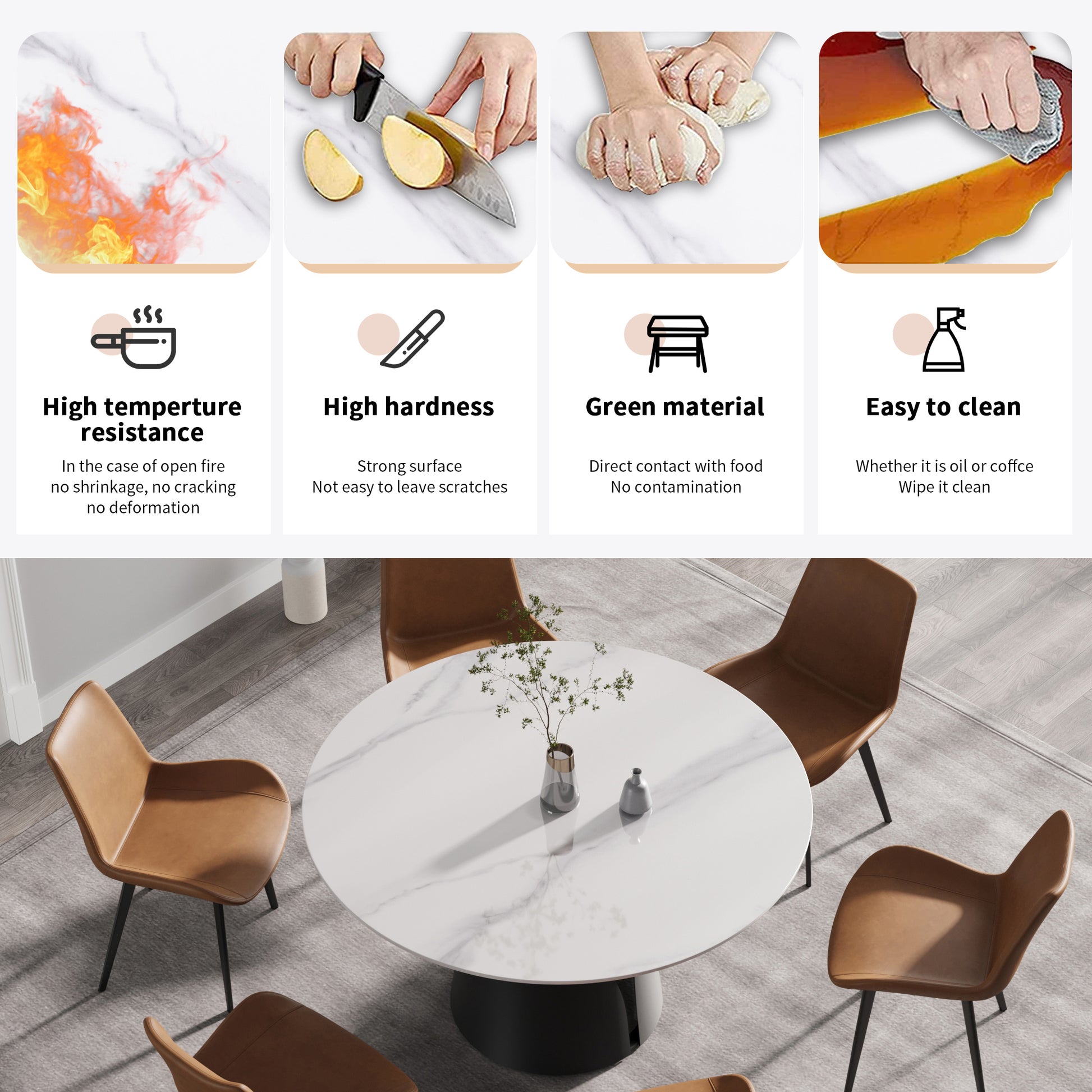 53.15"Modern Artificial Stone Round Black Carbon Steel Base Dining Table Can Accommodate 6 People White Metal Sintered Stone