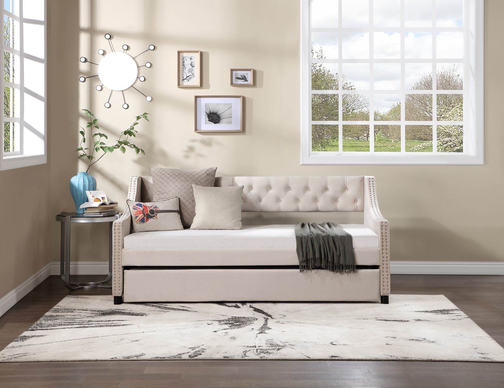 Upholstered Daybed With Trundle, Twin Size Frame, Beige Velvet Beige Foam Solid Wood