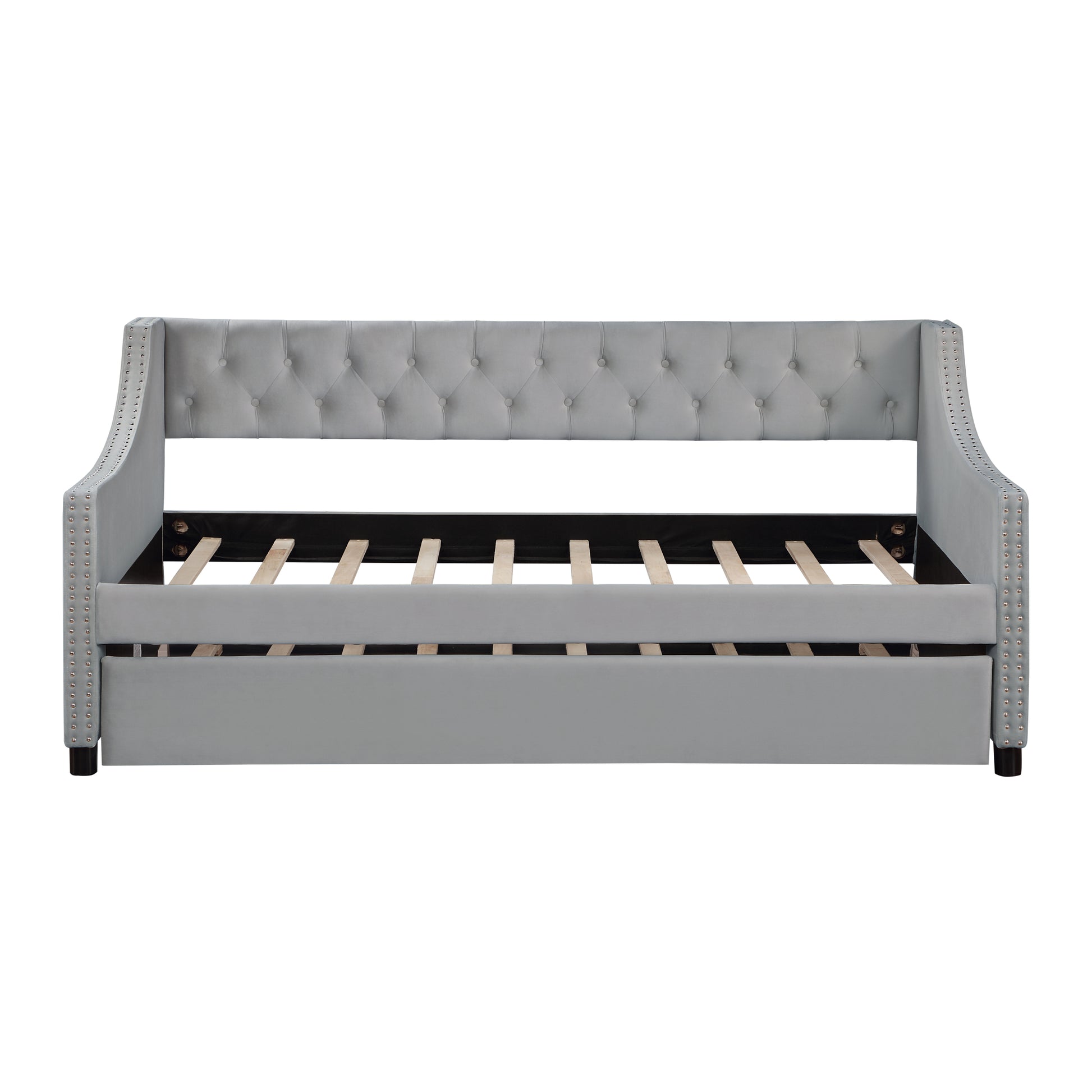 Daybed With Trundle Upholstered Tufted Sofa Bed, With Button And Copper Nail On Arms,Full Size Grey. Full Gray Solid Wood