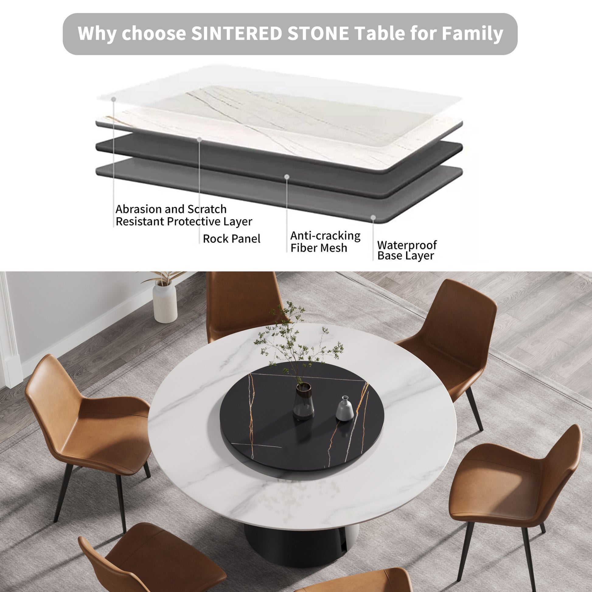 59.05"Modern Artificial Stone Round Black Carbon Steel Base Dining Table Can Accommodate 6 People 31.5"Black Artificial Stone Turntable White Black Metal Marble