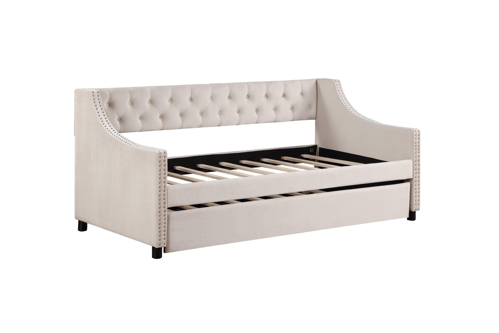 Upholstered Daybed With Trundle, Twin Size Frame, Beige Velvet Beige Foam Solid Wood