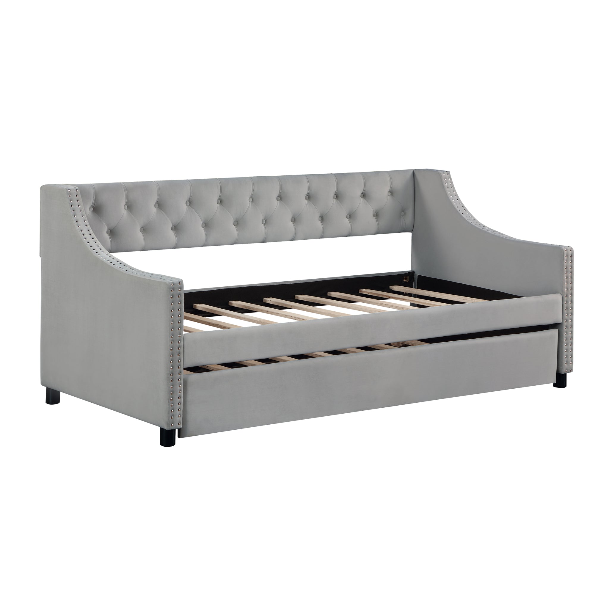 Daybed With Trundle Upholstered Tufted Sofa Bed, With Button And Copper Nail On Arms,Full Size Grey. Full Gray Solid Wood