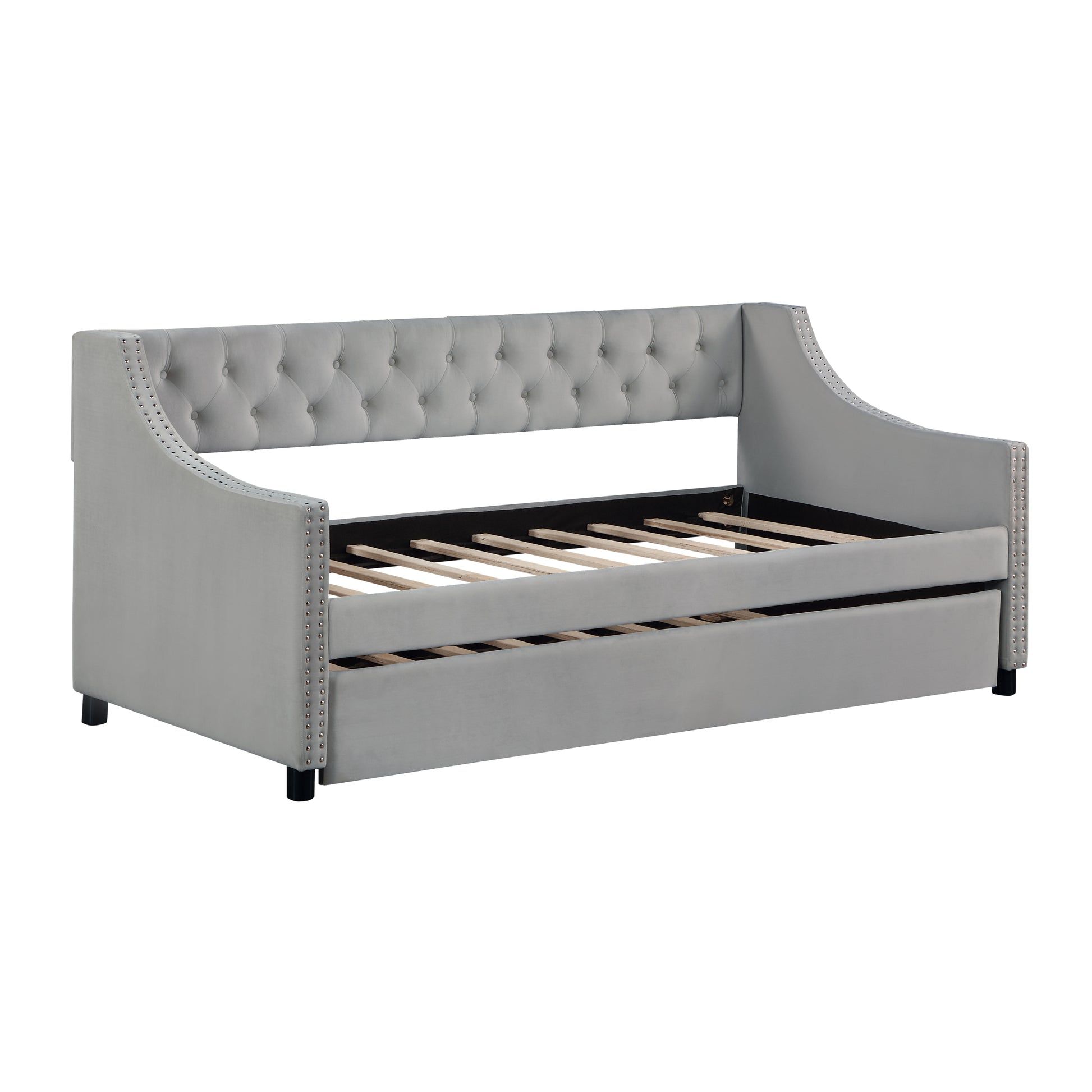 Daybed With Trundle Upholstered Tufted Sofa Bed, With Button And Copper Nail On Arms,Full Size Grey. Full Gray Solid Wood
