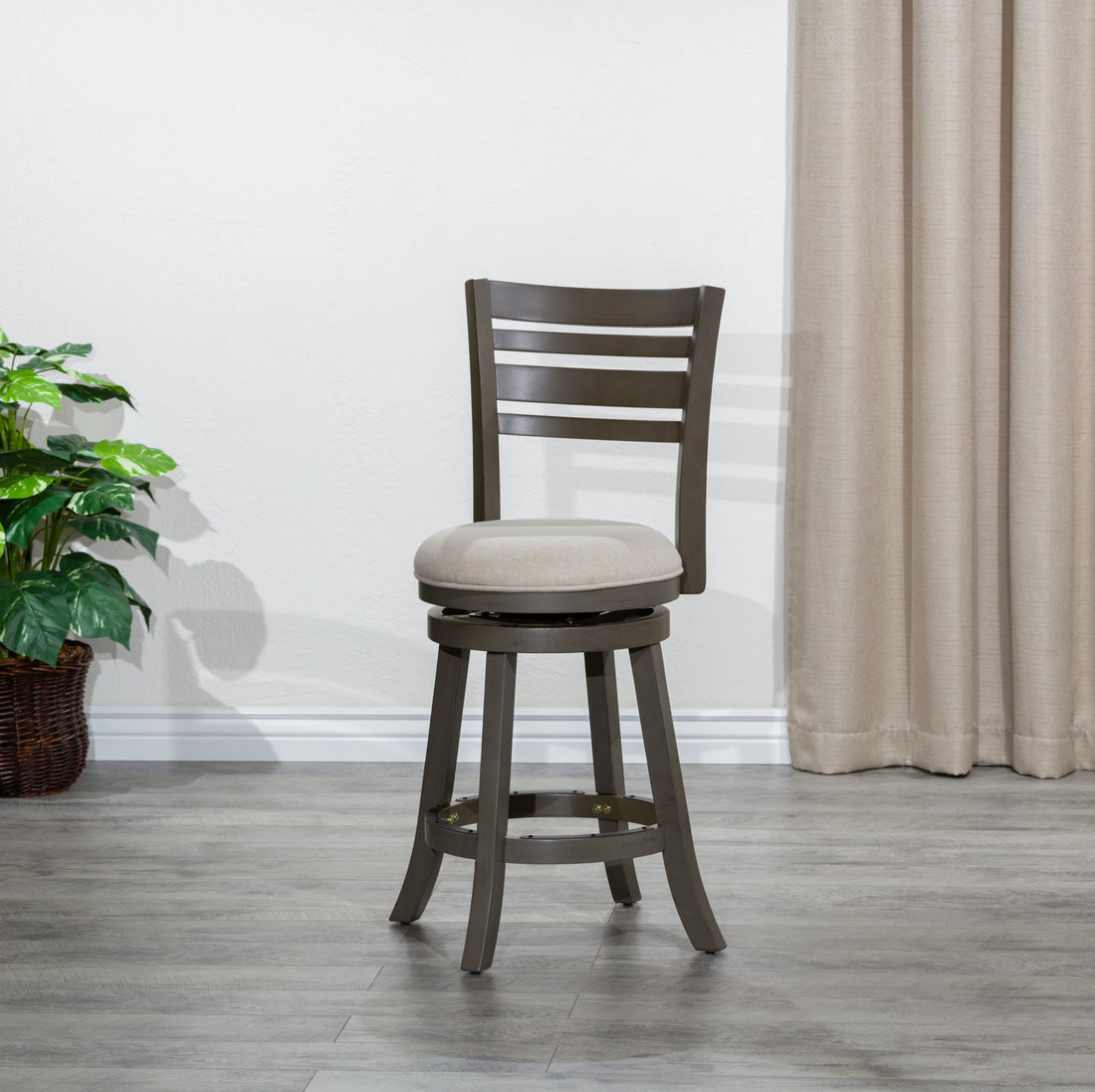 24" Counter Height Slat Back Swivel Stool, Weathered Gray Finish, Beige Fabric Seat Gray Fabric