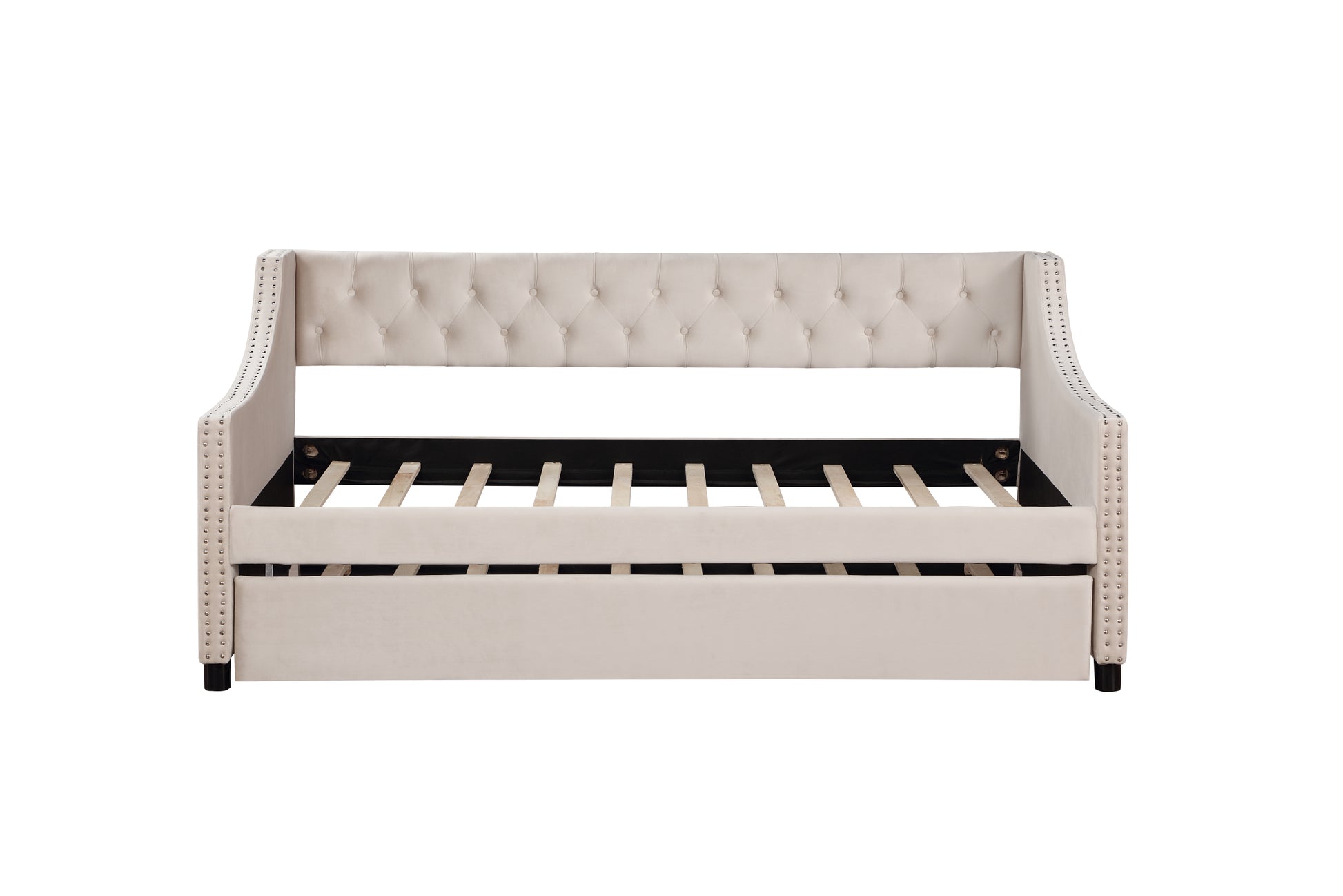 Upholstered Daybed With Trundle, Twin Size Frame, Beige Velvet Beige Foam Solid Wood