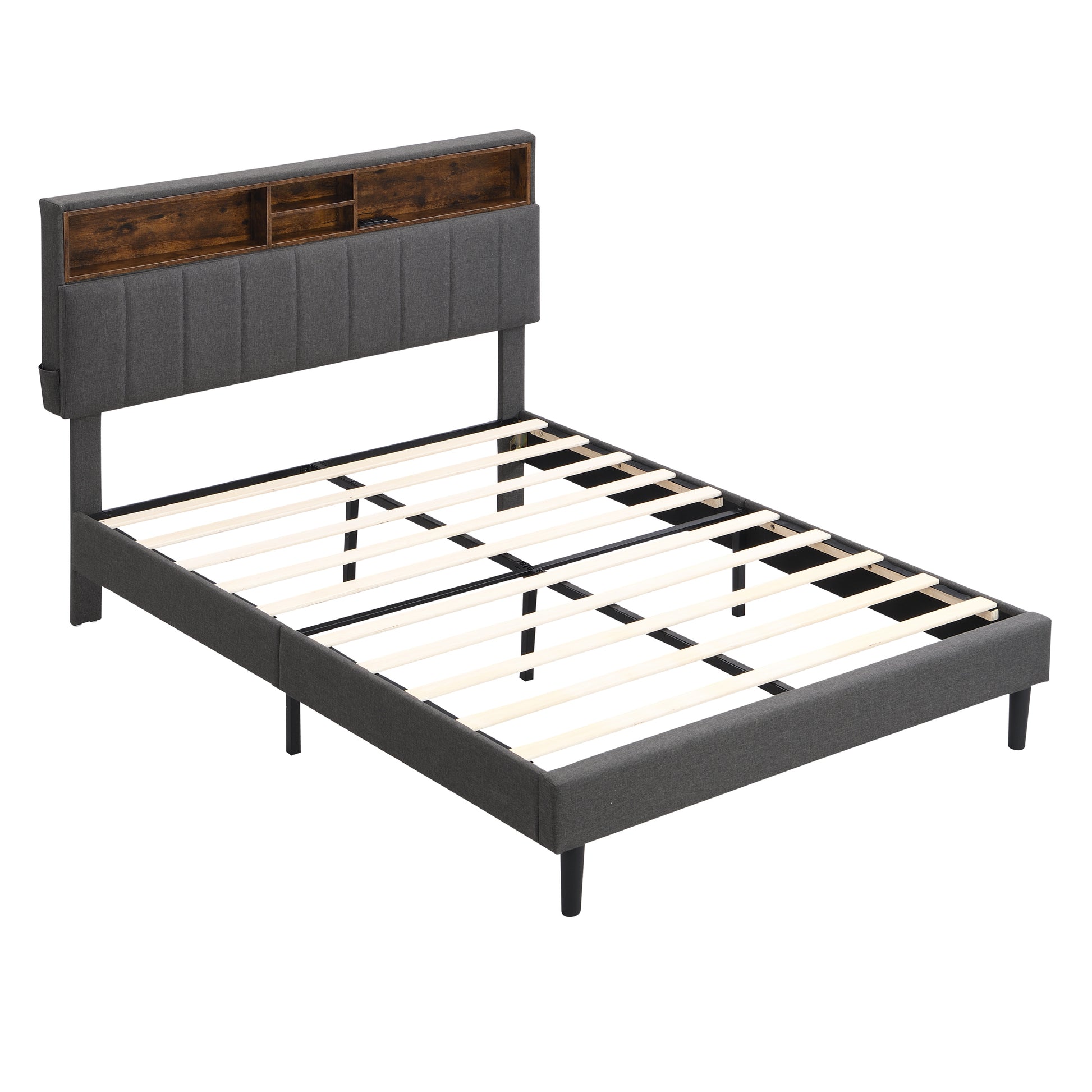 Full Size Upholstered Platform Bed With Storage Headboard And Usb Port, Linen Fabric Upholstered Bed Gray Gray Linen