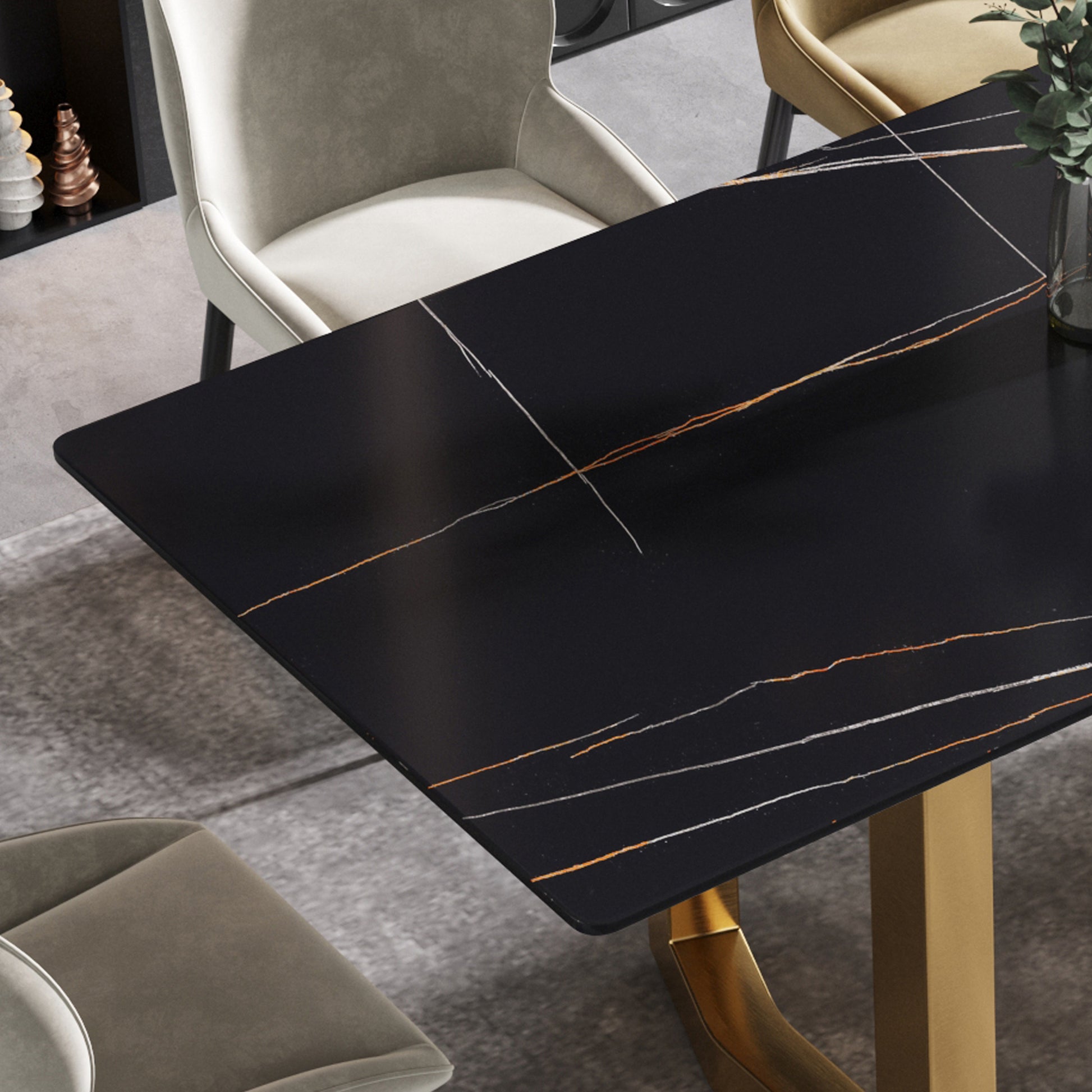63"Modern Artificial Stone Black Straight Edge Golden Metal Leg Dining Table 6 People Black Metal Sintered Stone
