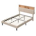 Full Size Upholstered Platform Bed With Storage Headboard And Usb Port, Linen Fabric Upholstered Bed Beige Beige Linen