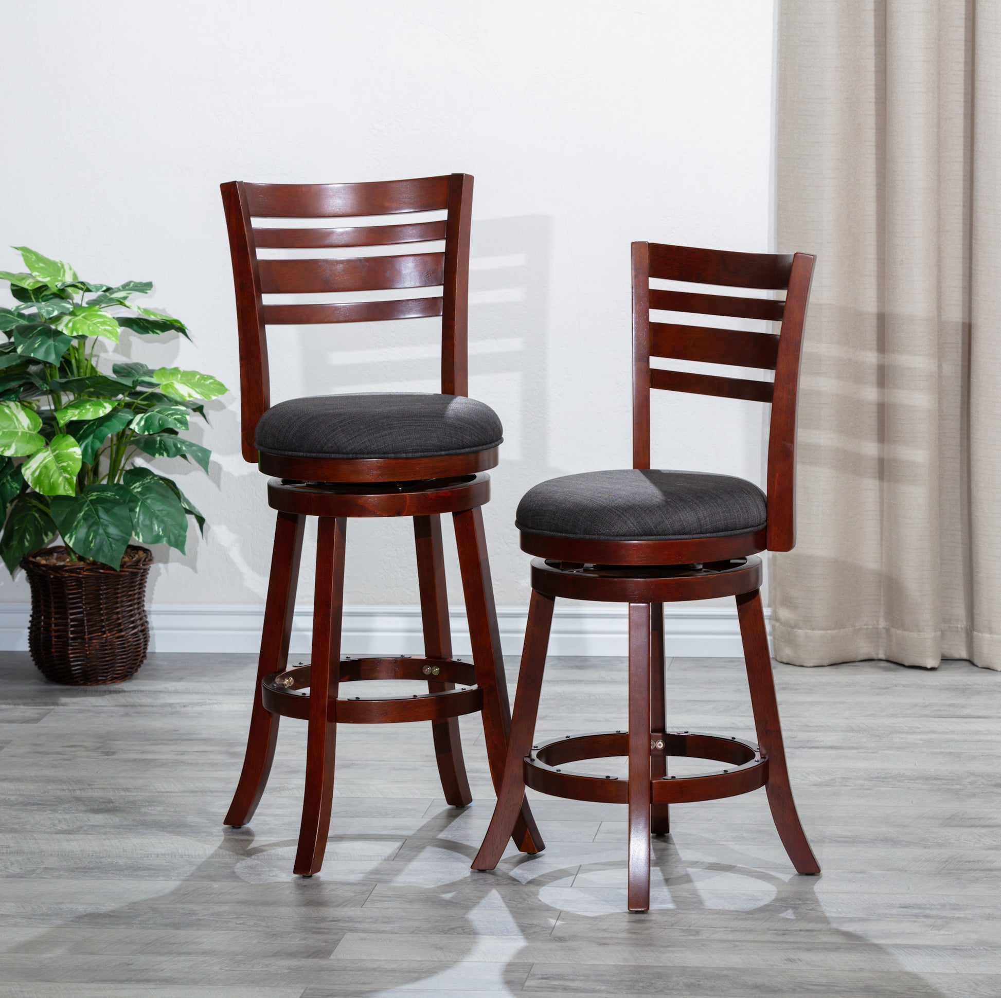 24" Counter Height Slat Back Swivel Stool, Cherry Finish, Charcoal Fabric Seat Cherry Fabric