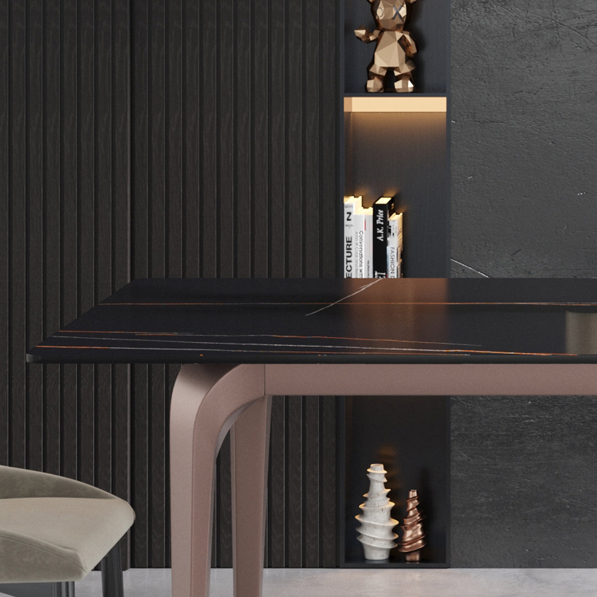 63"Modern Artificial Stone Black Straight Edge Metal Leg Dining Table 6 People Black Metal Sintered Stone