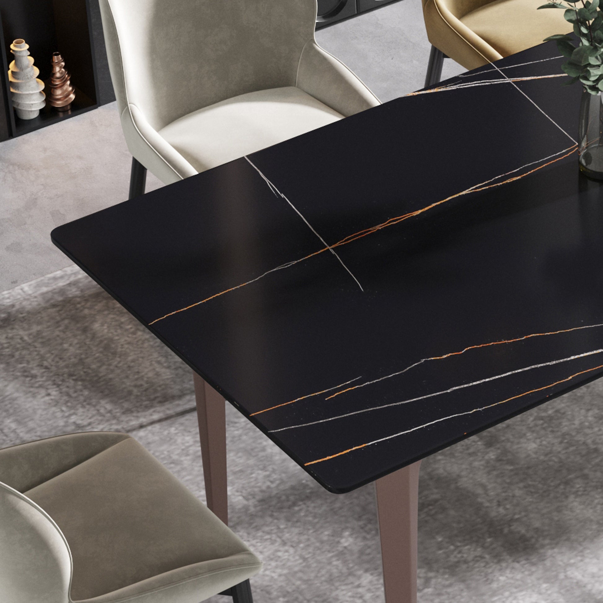 63"Modern Artificial Stone Black Straight Edge Metal Leg Dining Table 6 People Black Metal Sintered Stone
