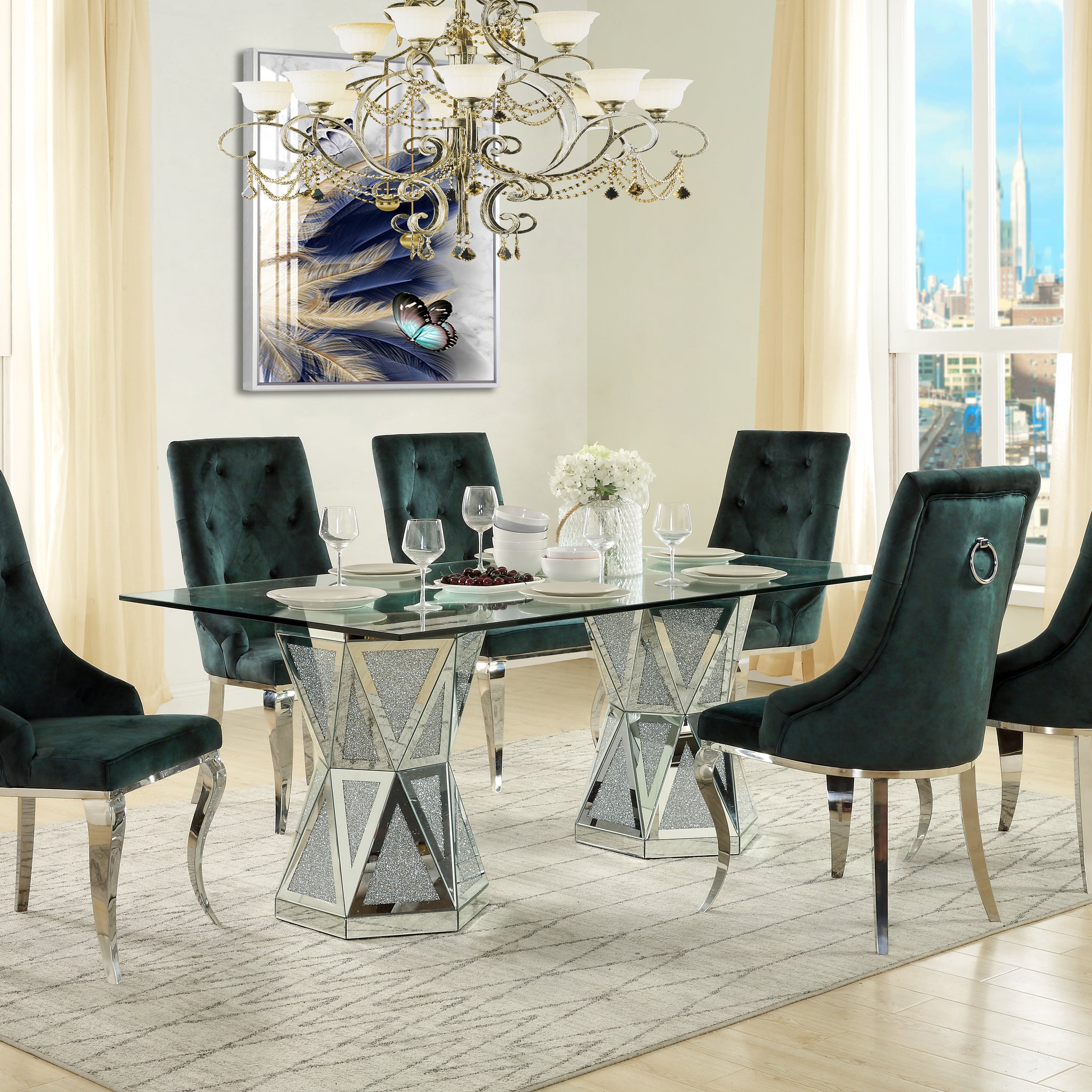 Noralie Dining Table Mirrored & Faux Diamonds Dn00722 Silver Glass