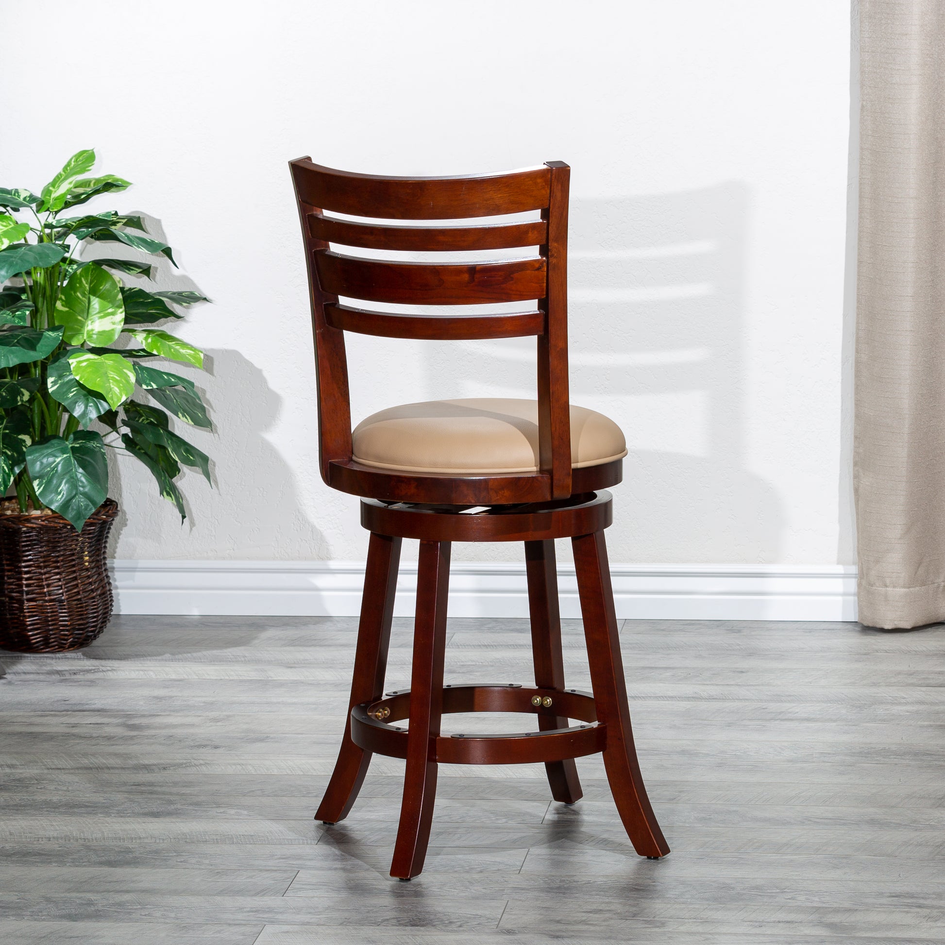 24" Counter Height Slat Back Swivel Stool, Cherry Finish, Bone Leather Seat Cherry Bonded Leather