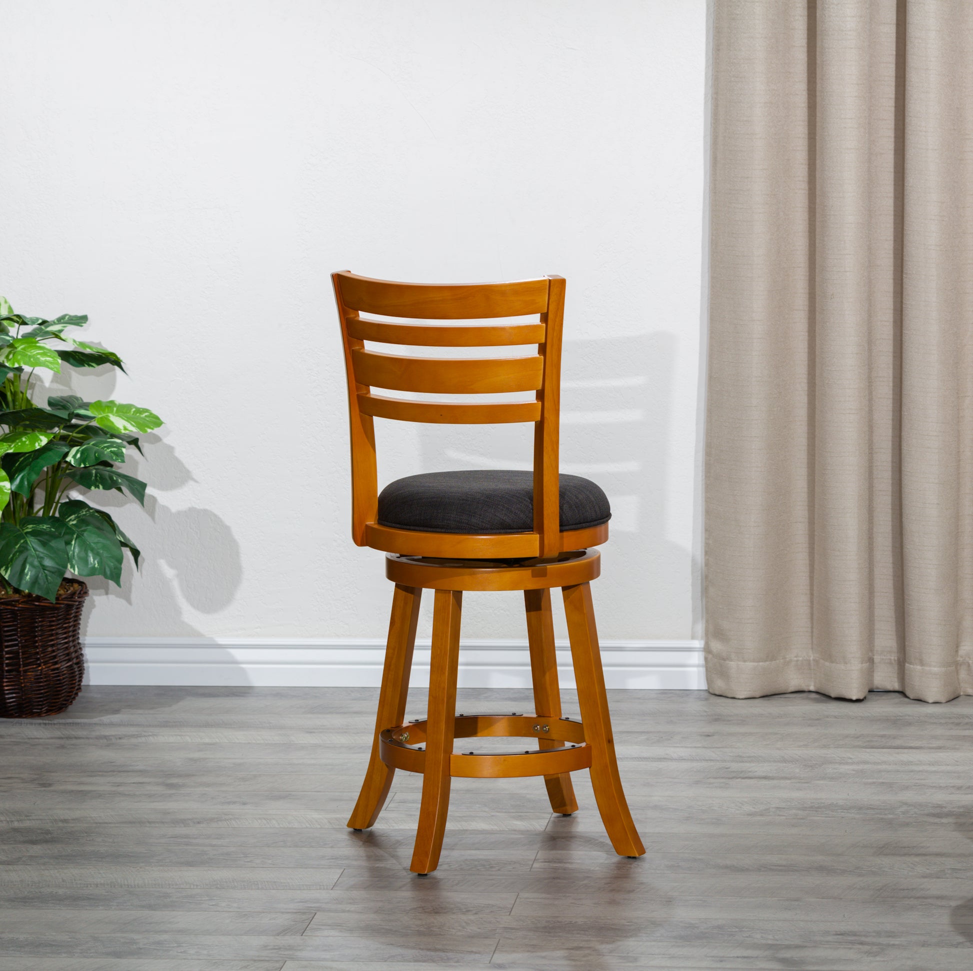 24" Counter Height Slat Back Swivel Stool, Natural Finish, Charcoal Fabric Seat Natural Fabric