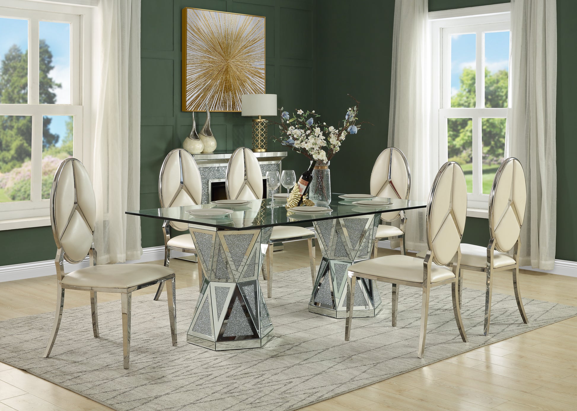 Noralie Dining Table Mirrored & Faux Diamonds Dn00722 Silver Glass