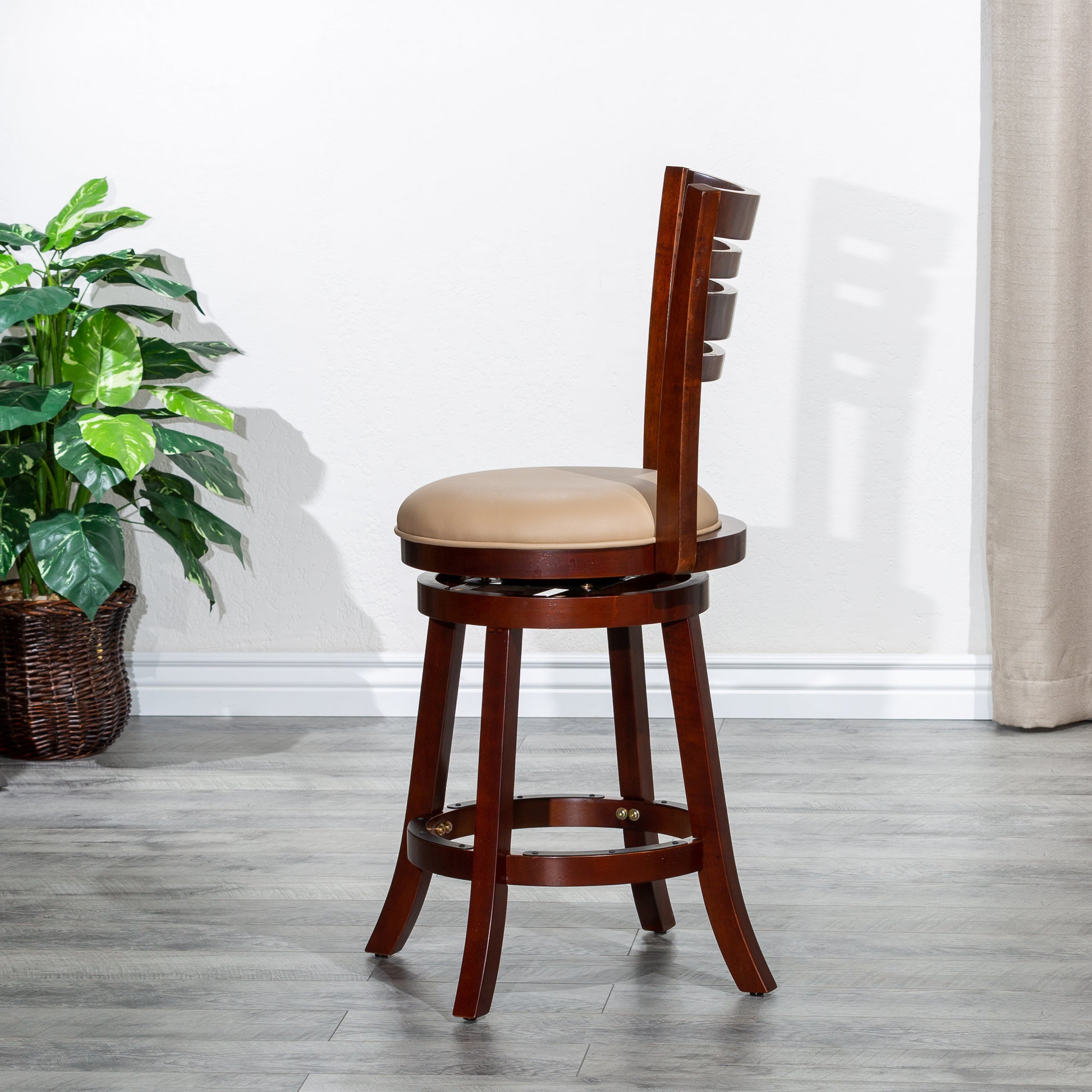 24" Counter Height Slat Back Swivel Stool, Cherry Finish, Bone Leather Seat Cherry Bonded Leather