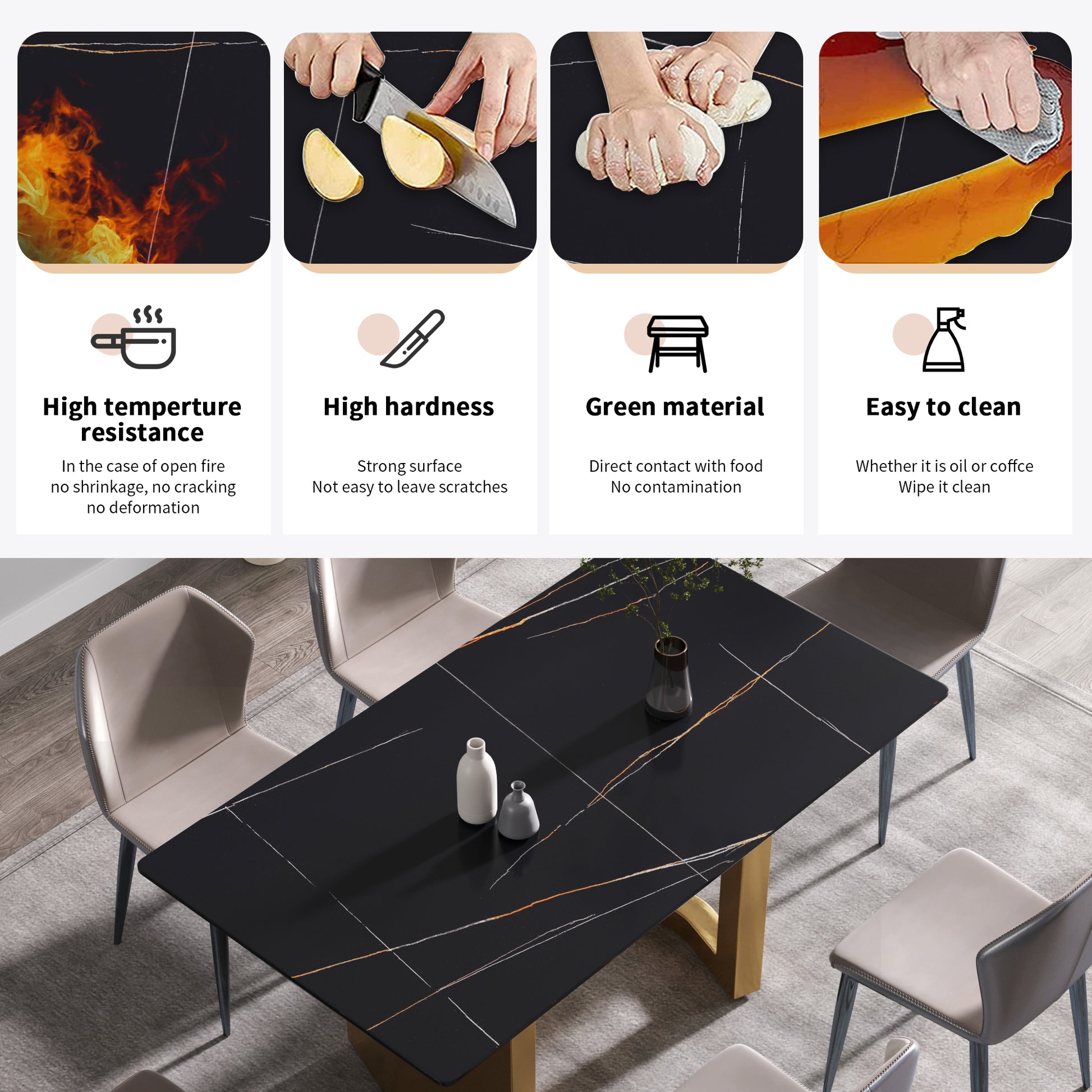 63"Modern Artificial Stone Black Straight Edge Golden Metal Leg Dining Table 6 People Black Metal Sintered Stone