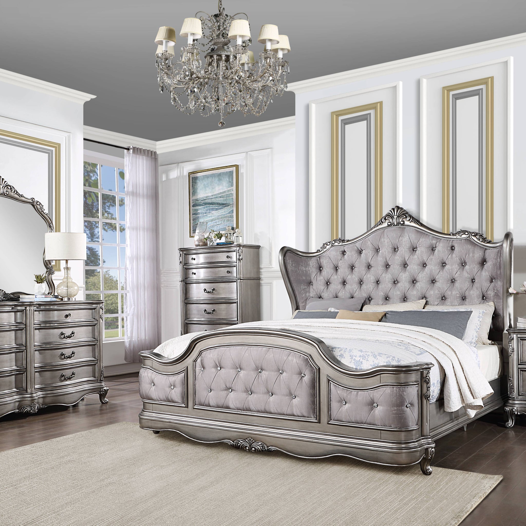 Ausonia Queen Bed Antique Platinum Finish Bd00603Q Box Spring Required Queen Antique White Bedroom Bed Frame Solid Wood