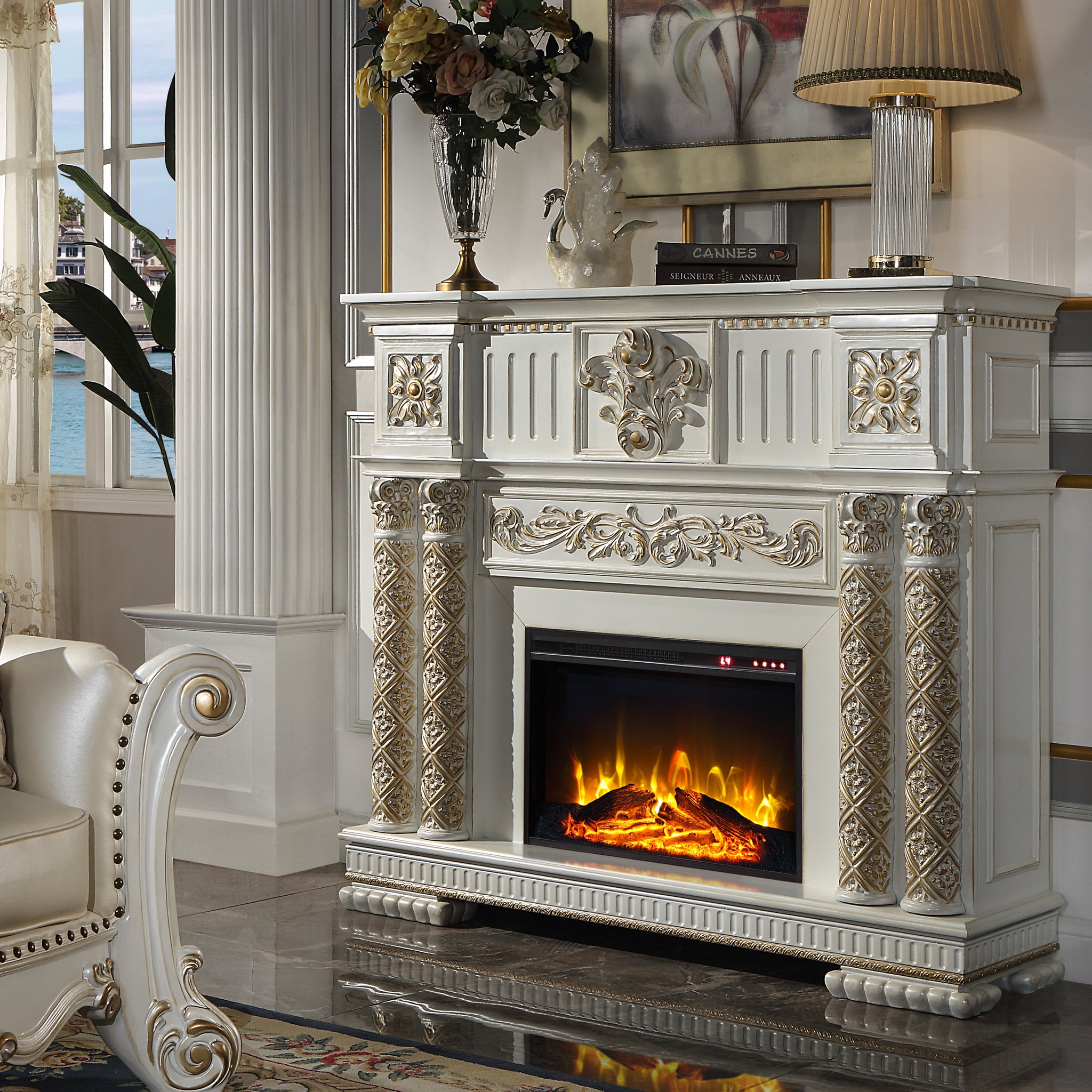 Vendome Fireplace Antique Pearl Finish Ac01313 Antique White Solid Wood Mdf