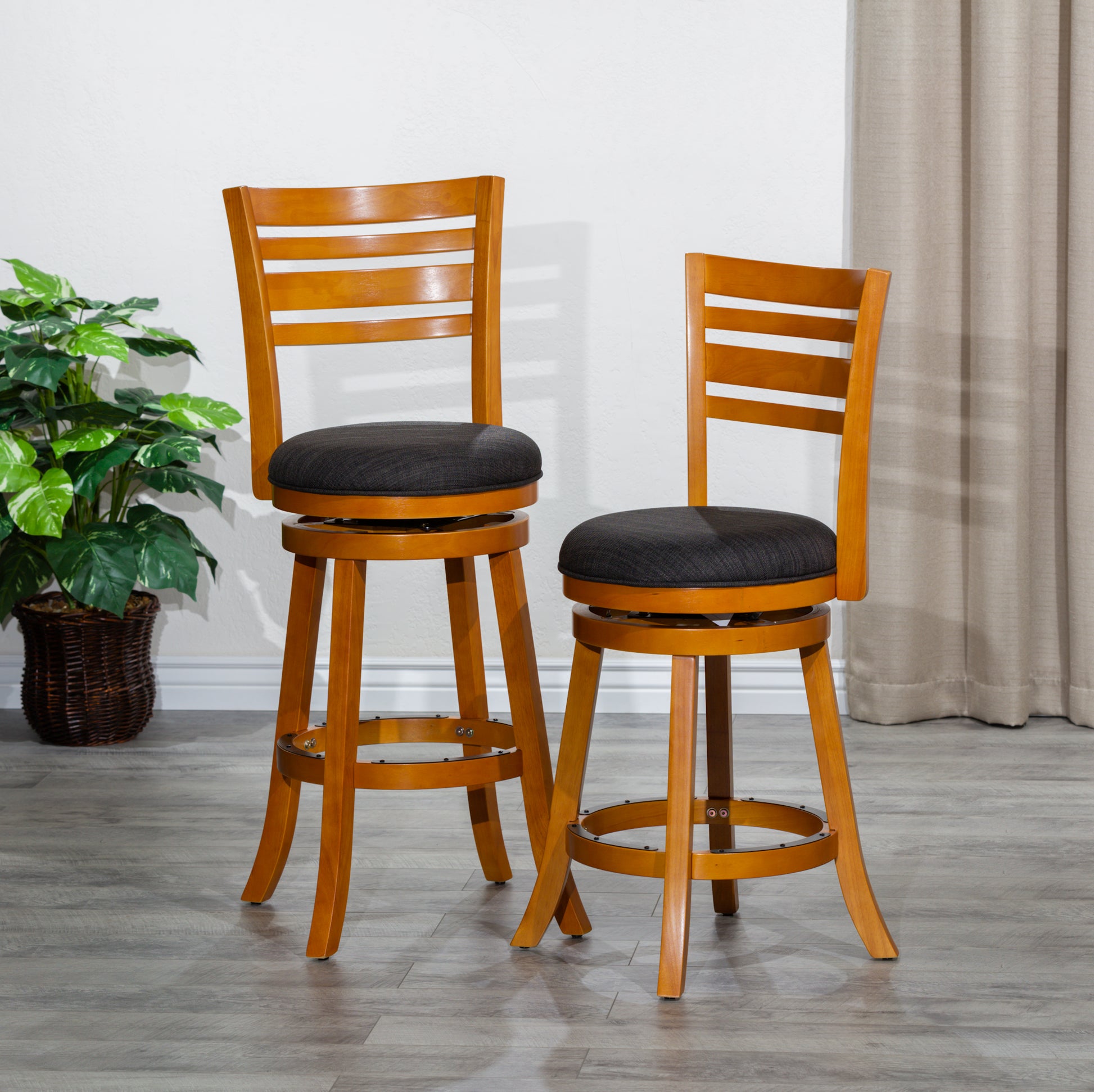 24" Counter Height Slat Back Swivel Stool, Natural Finish, Charcoal Fabric Seat Natural Fabric
