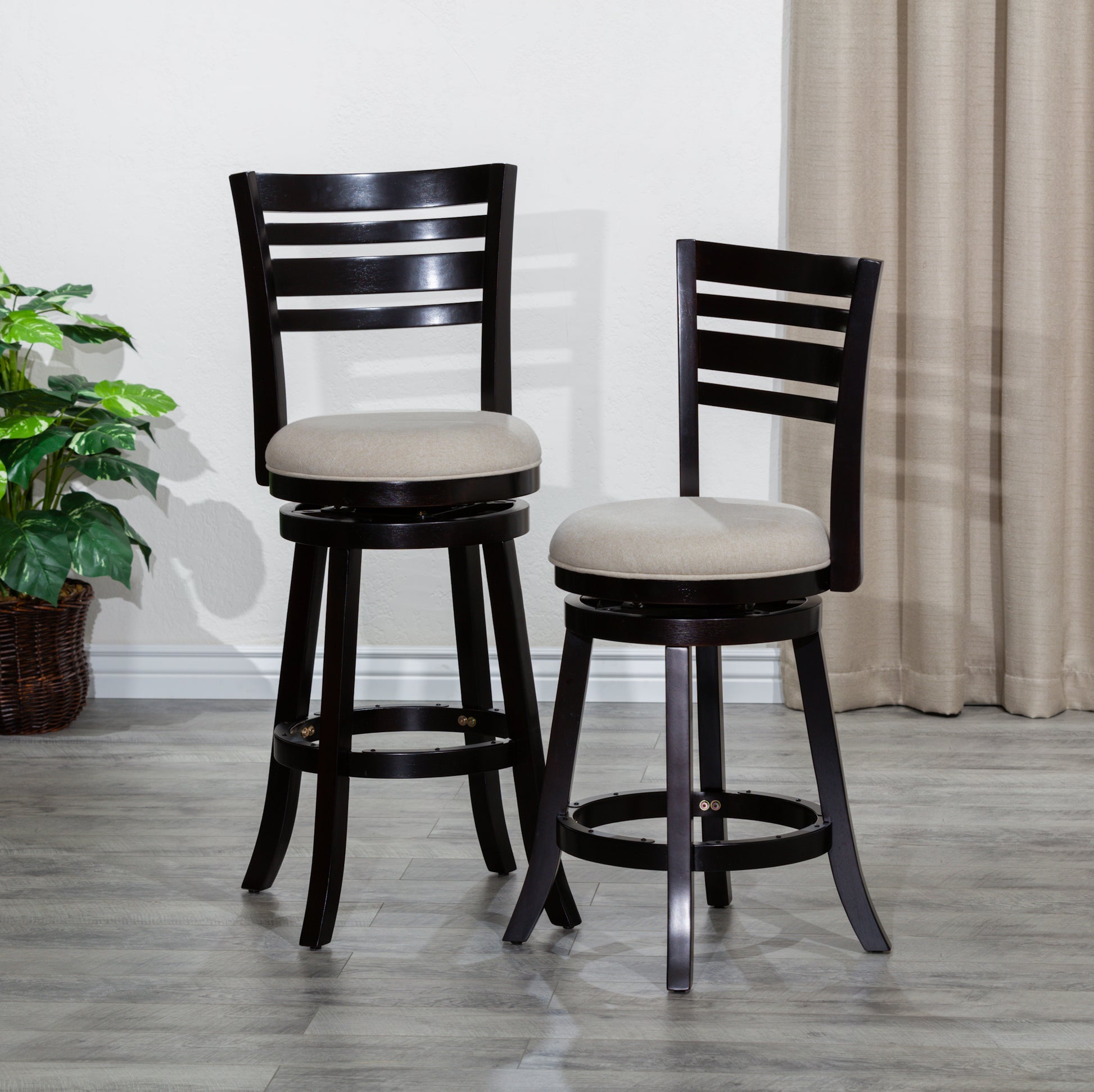 24" Counter Height Slat Back Swivel Stool, Espresso Finish, Beige Fabric Seat Espresso Fabric