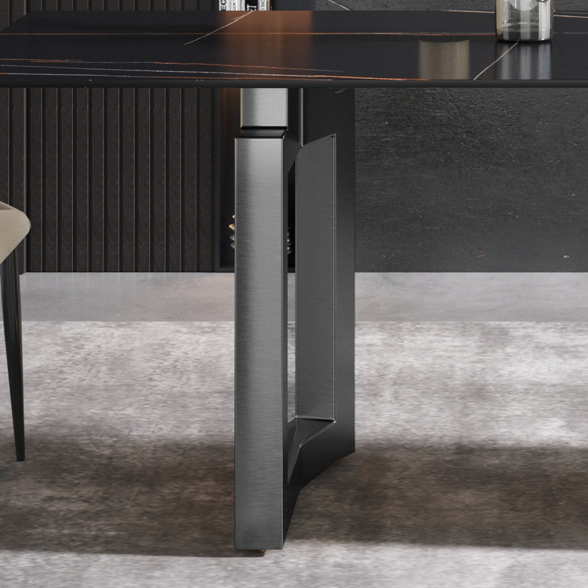63"Modern Artificial Stone Black Straight Edge Black Metal Leg Dining Table 6 People Black Metal Sintered Stone